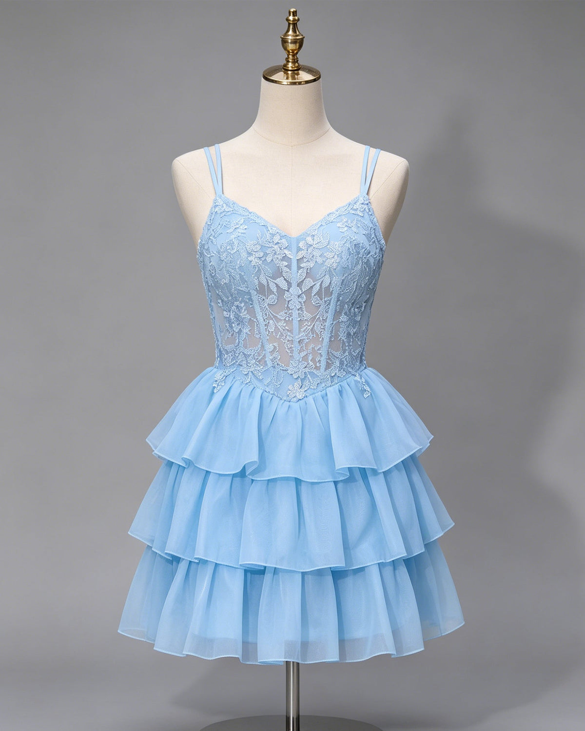 Double Strap Lace Corset Homecoming Dress with Tiered Tulle Skirt - view 1
