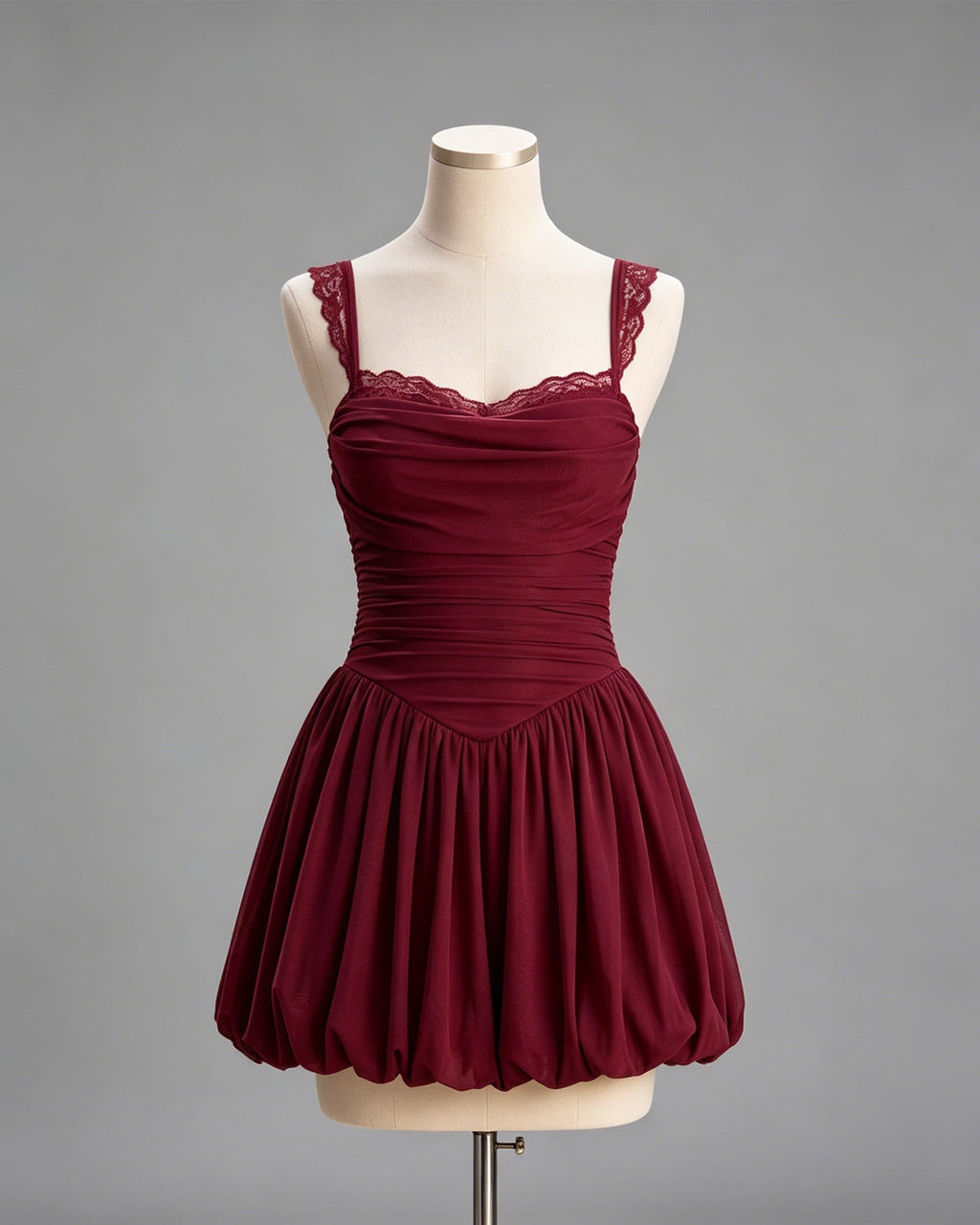Lace Strap Ruched Bodice Homecoming Dress with Bubble Hem - view 1