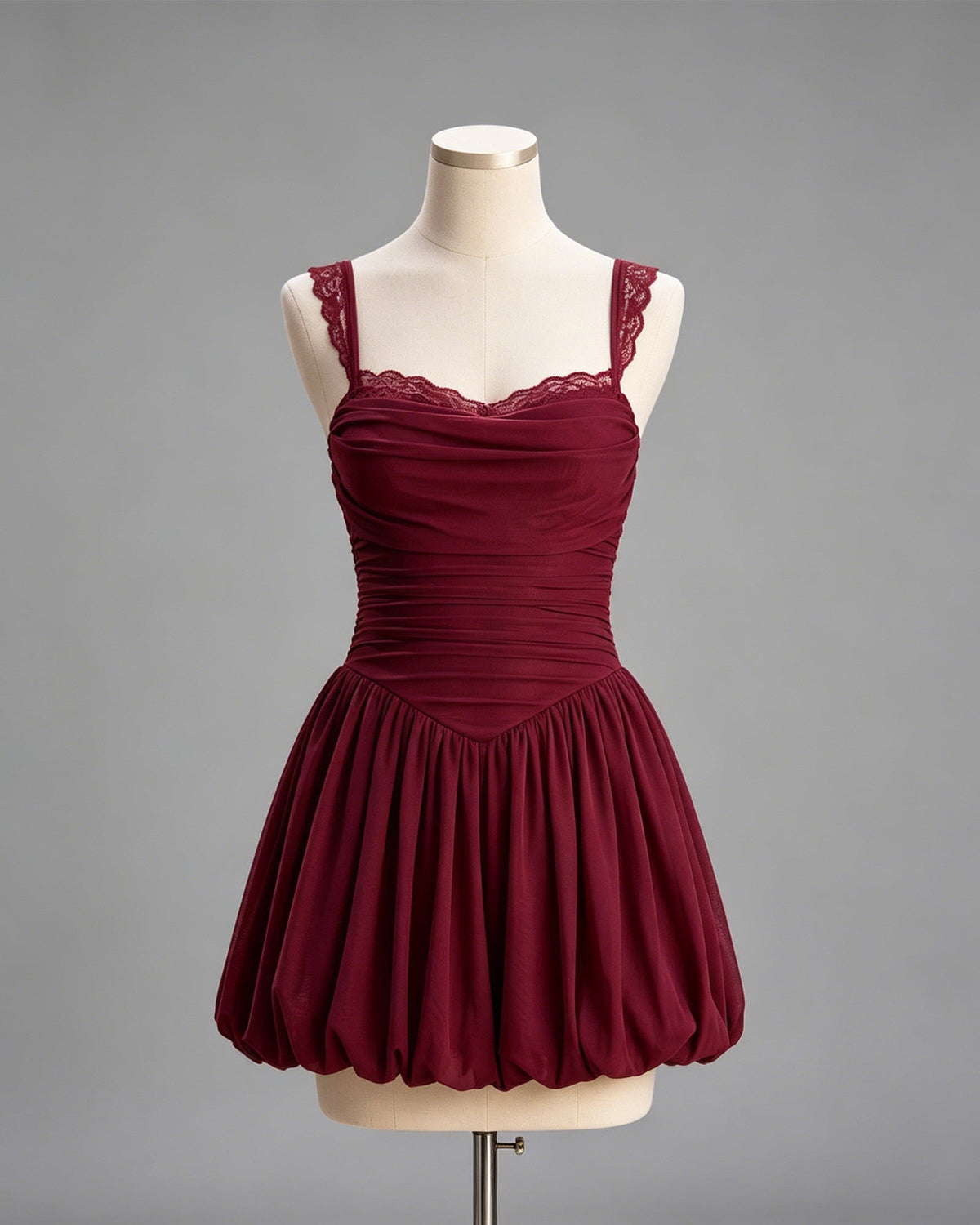 Lace Strap Ruched Bodice Homecoming Dress with Bubble Hem - view 1