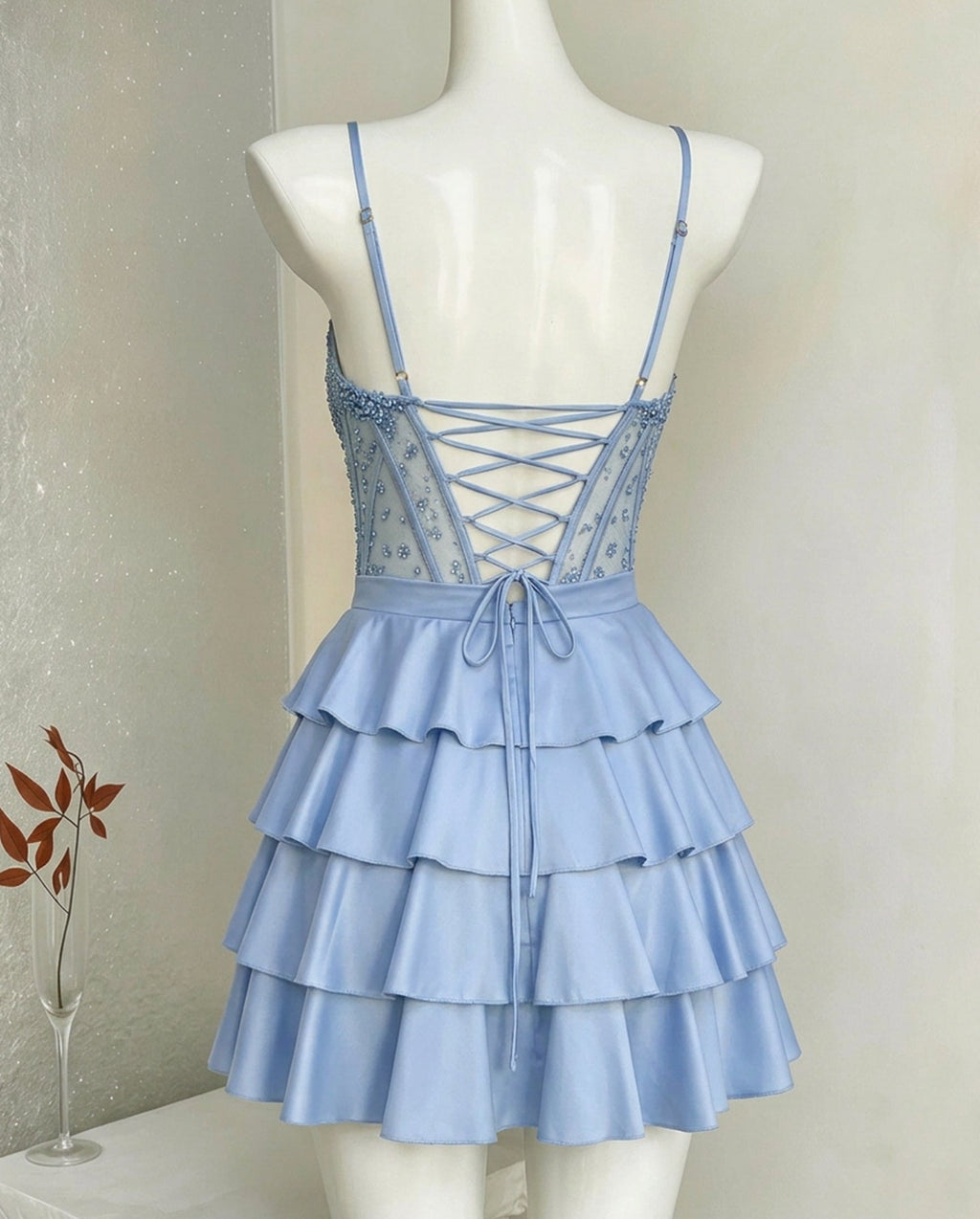 Spaghetti Strap Beaded Corset Tiered Satin Homecoming Dress - view 2