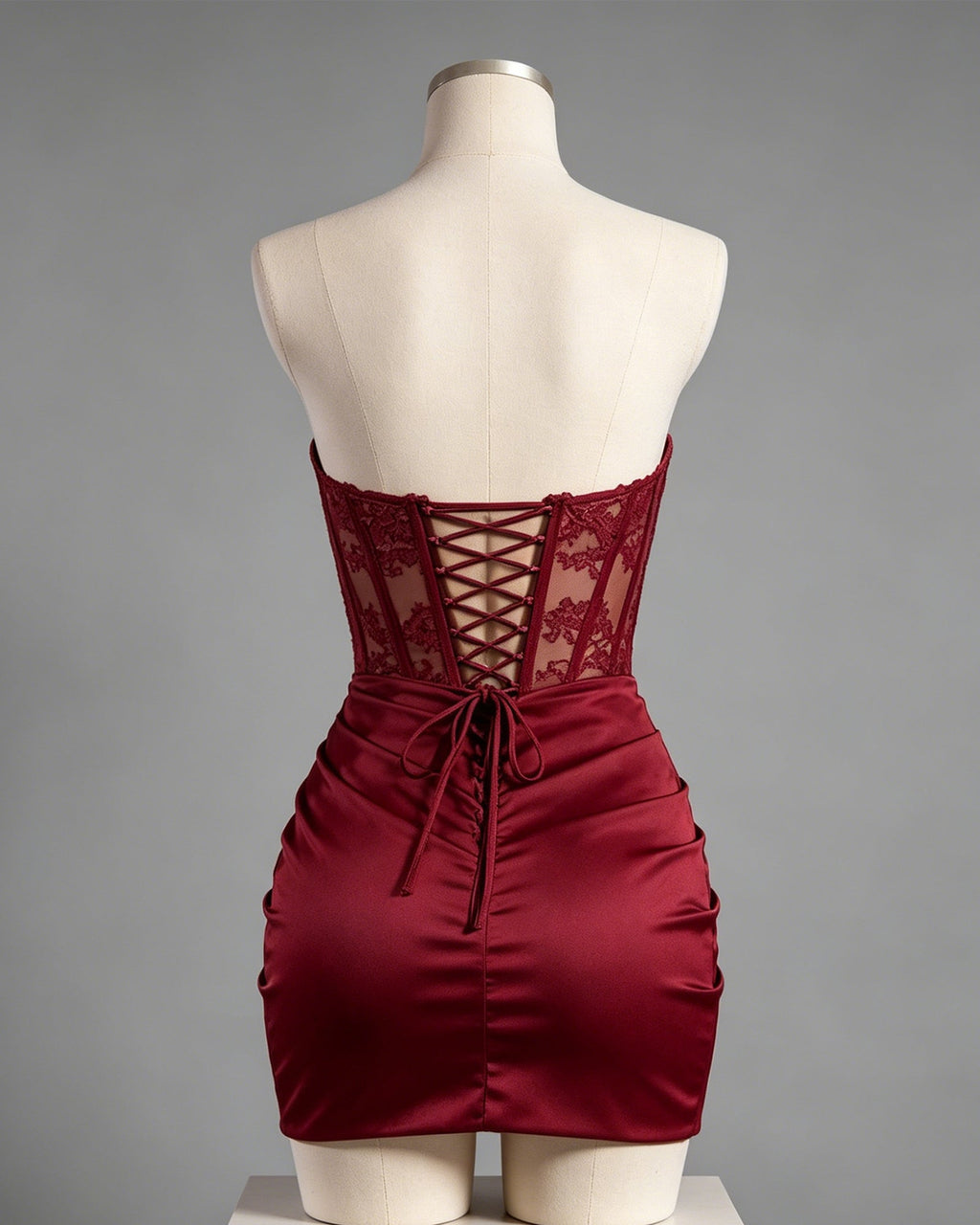 Strapless Lace Applique Ruched Satin Mini Dress with Wrap Skirt - view 2