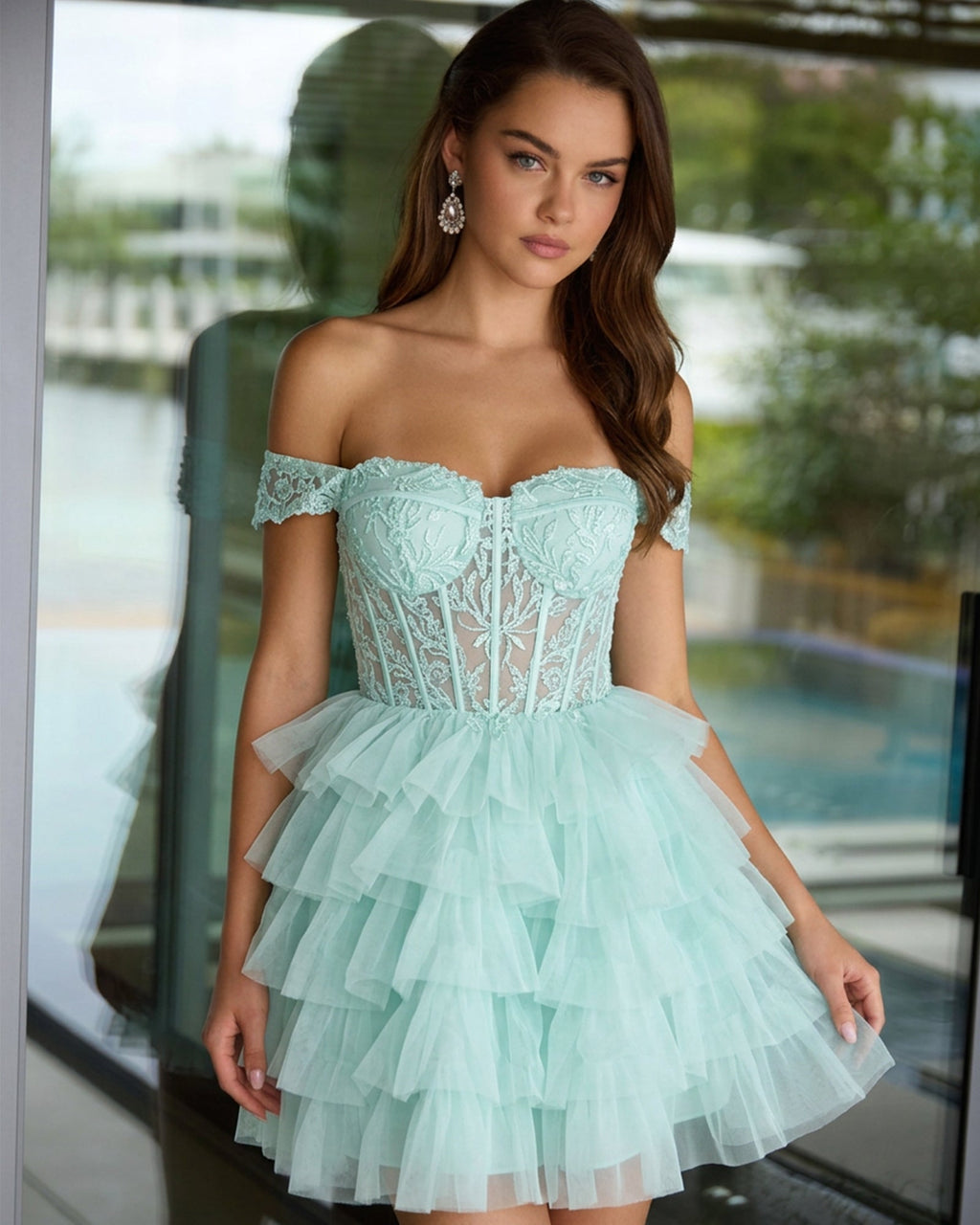 Off Shoulder Lace Corset Tulle Homecoming Dress with Tiered Layers - view 2