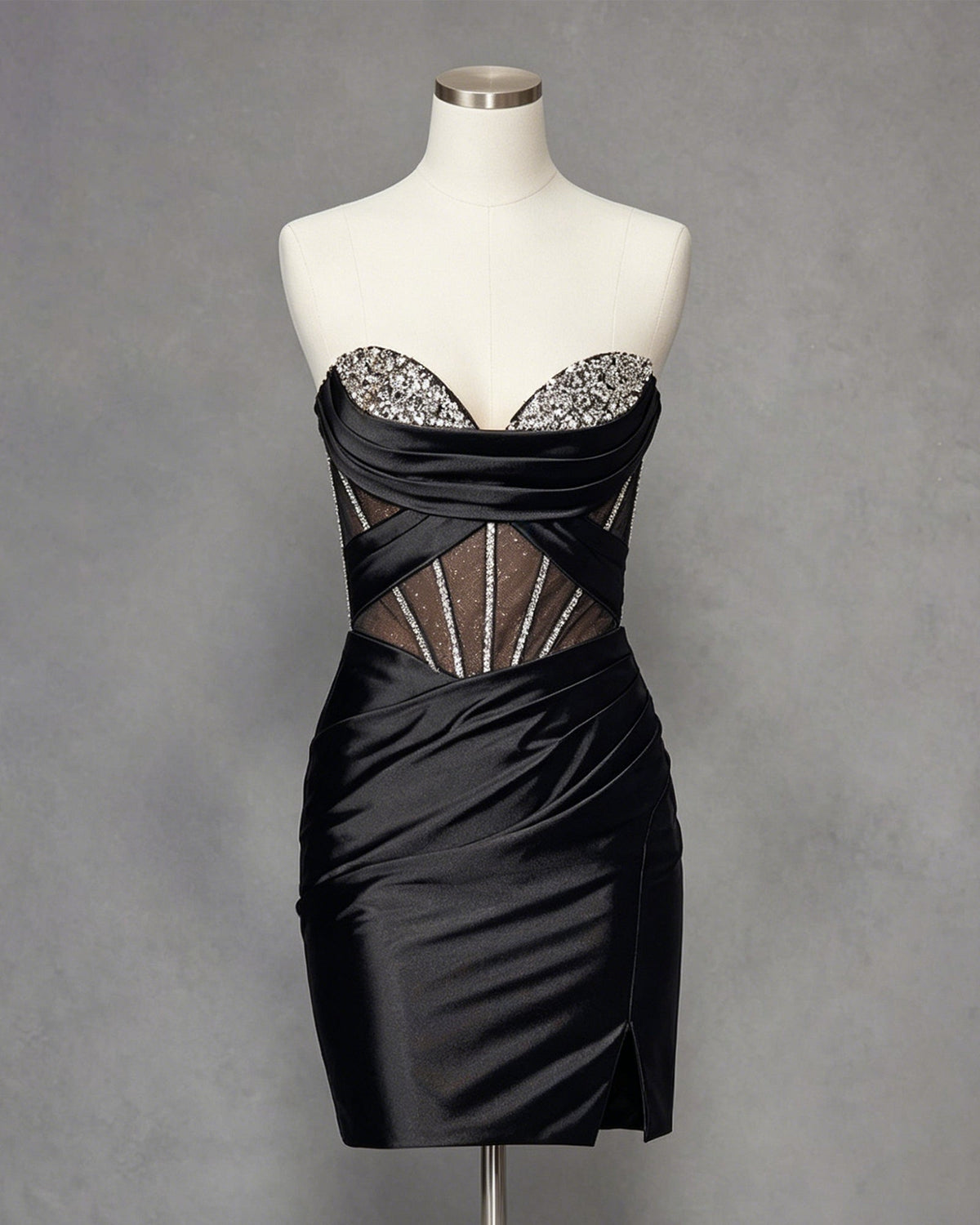 strapless crystal satin bodycon homecoming dress with slit - view 1