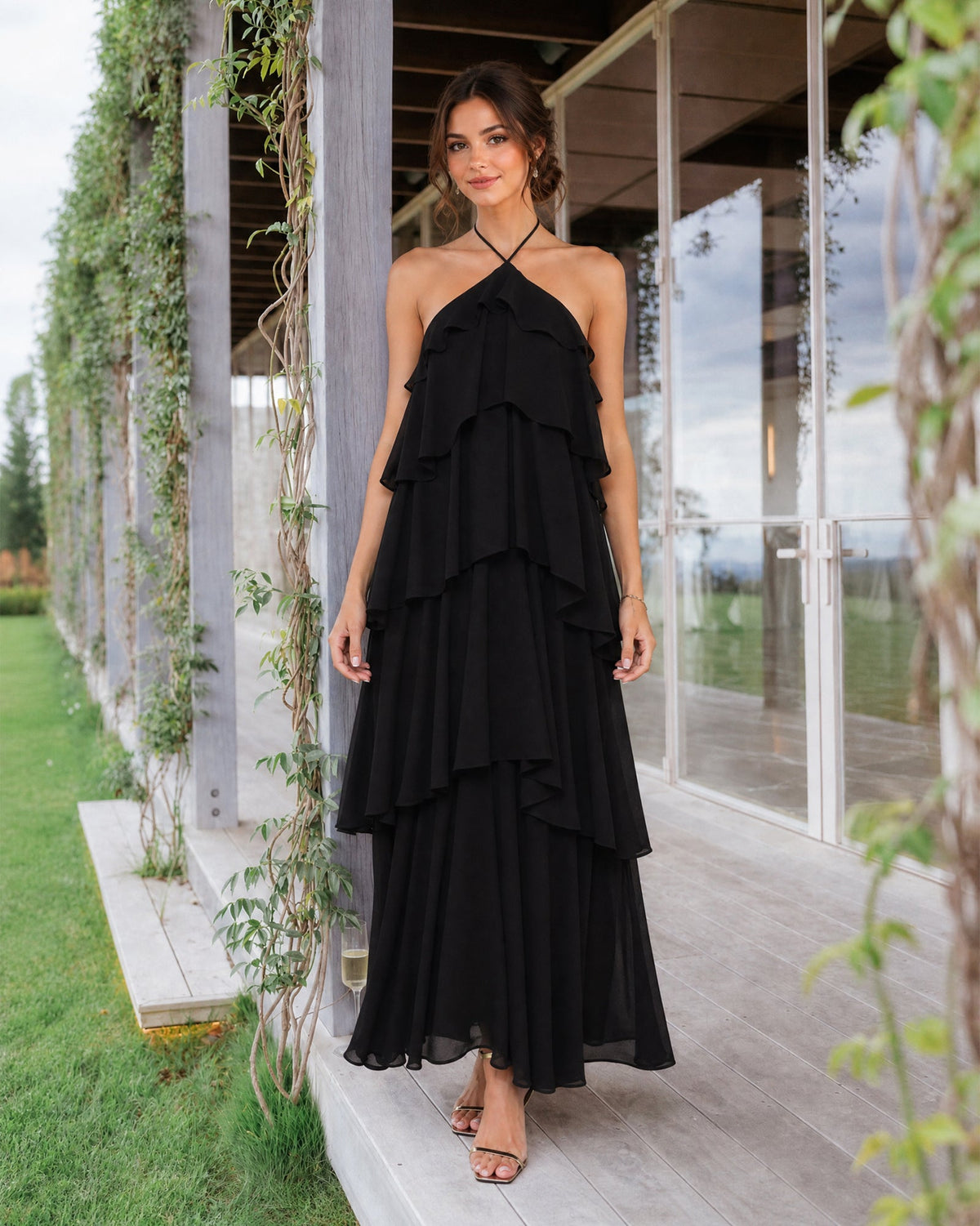 black halter neck tiered chiffon bridesmaid dress with ruffle overlay - image 1