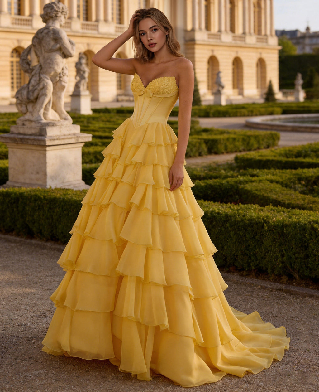 yellow strapless tiered organza ball gown prom dress with corset top - image 1