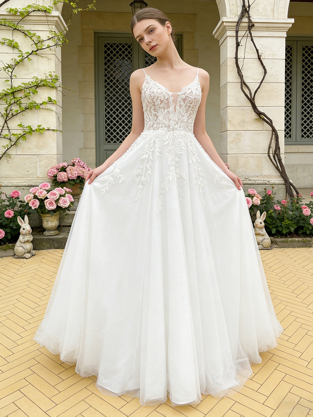 spaghetti strap lace tulle ball gown wedding dress with V-neck bodice - image 1