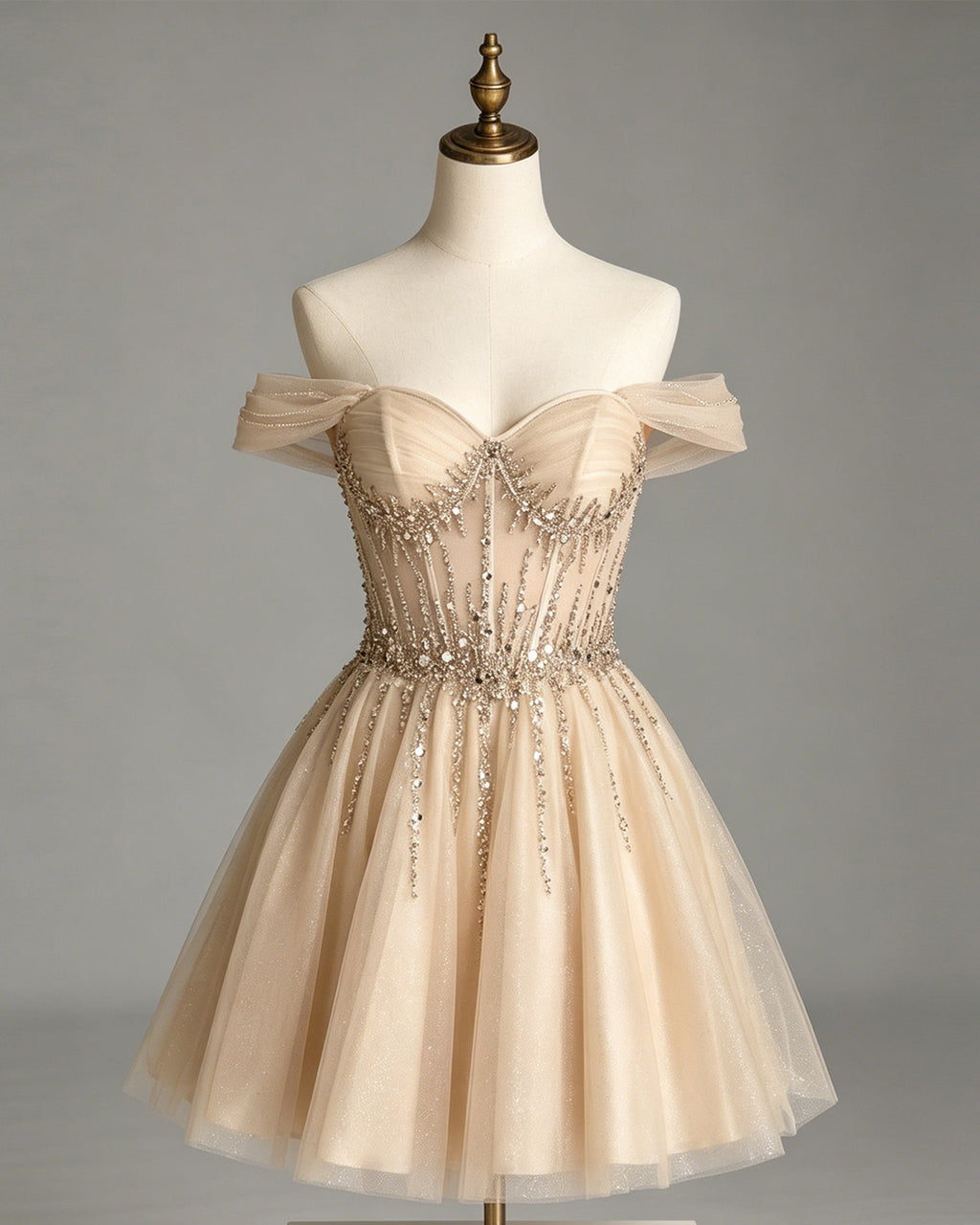 off shoulder beaded corset tulle A-line homecoming dress - view 1