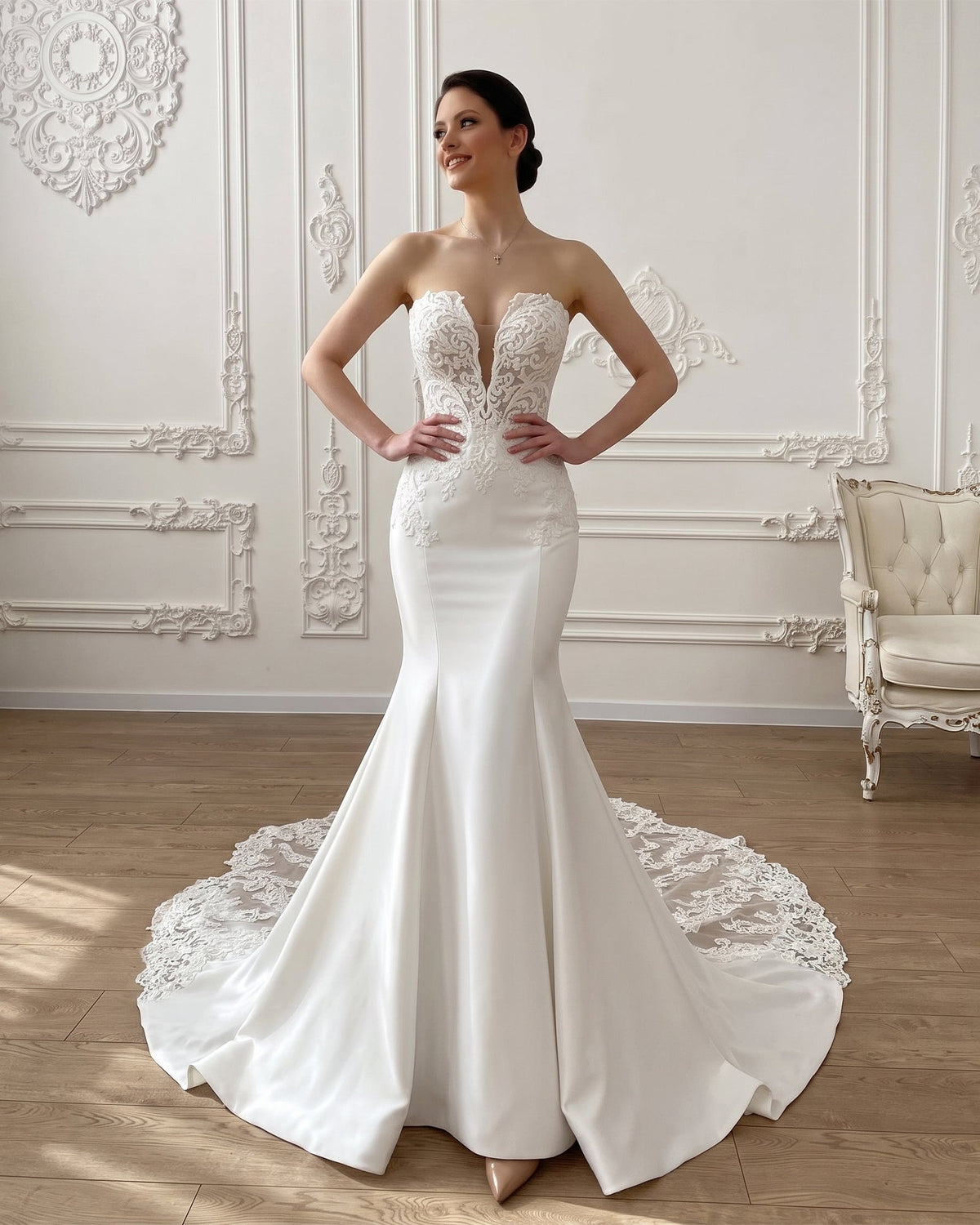 strapless lace mermaid wedding dress with corset bodice and chapel train - image 1