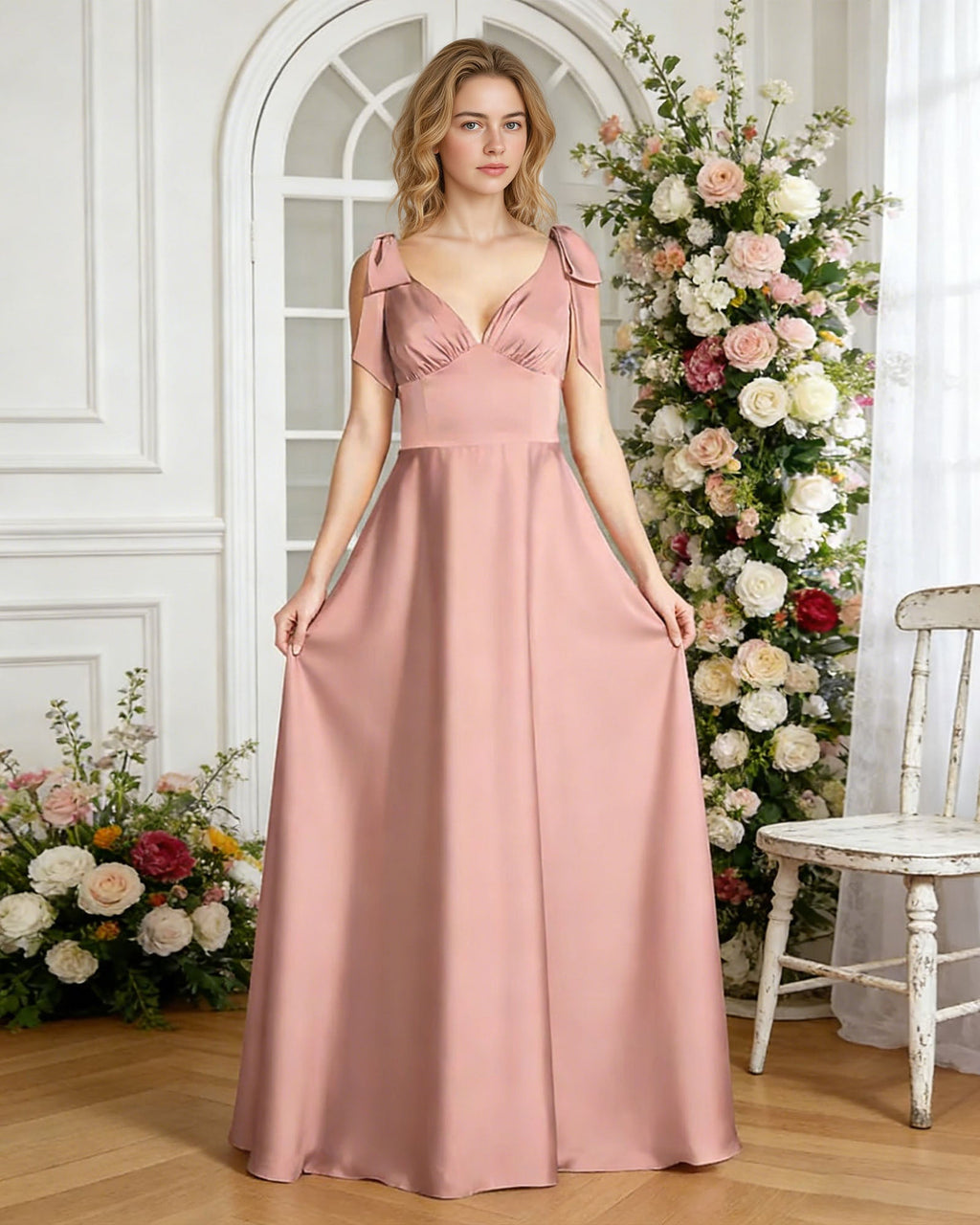 V-neck bow strap satin bridesmaid dress with empire waist - image 1