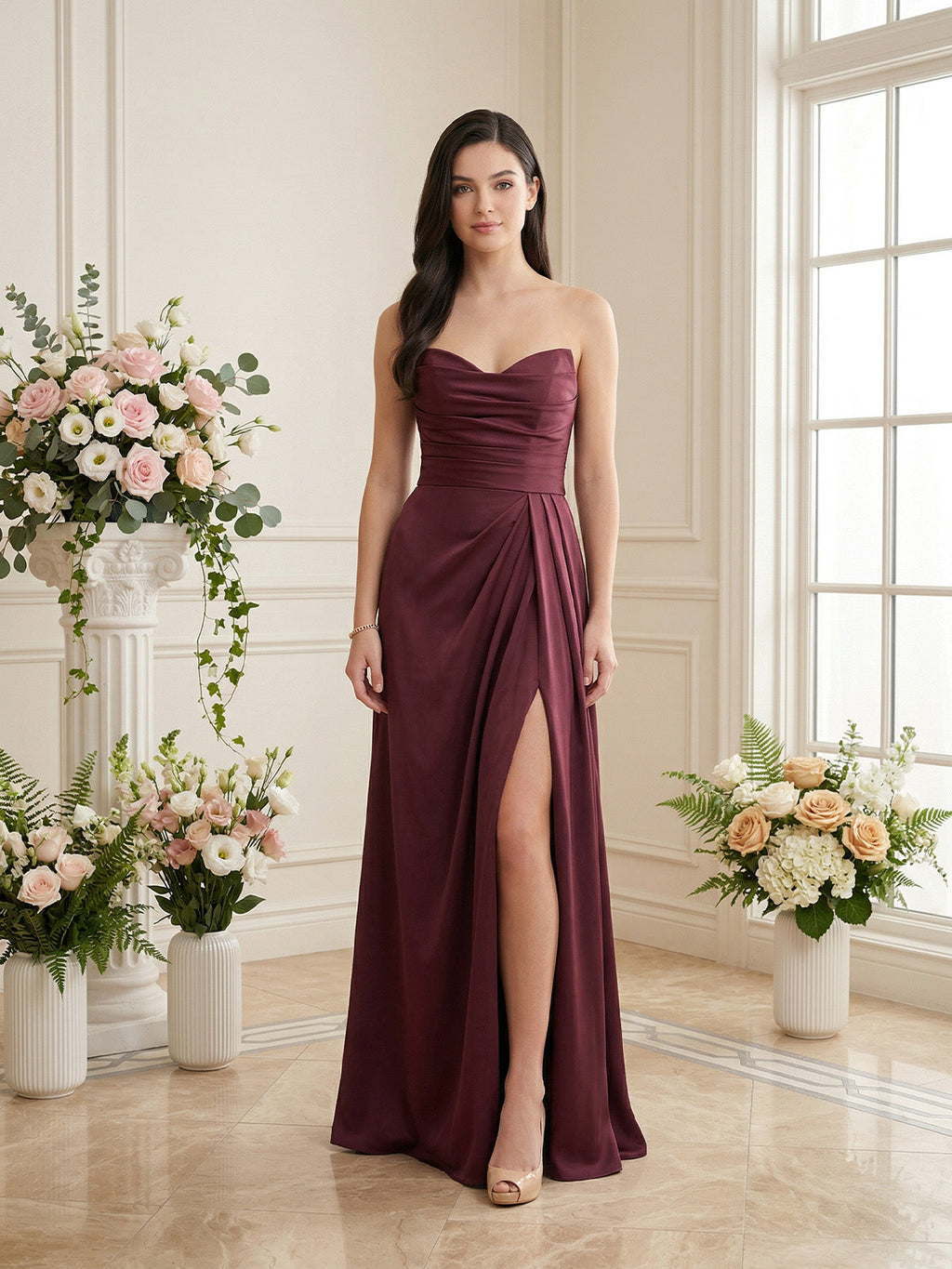 strapless pleated satin bridesmaid dress with side slit - image 1