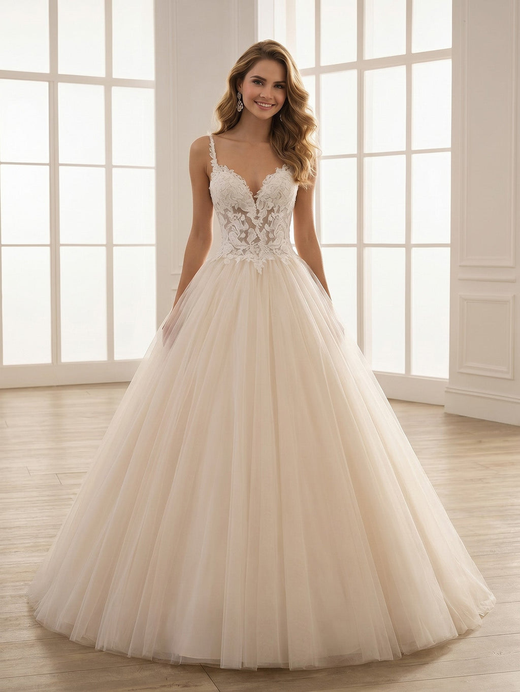 spaghetti strap lace tulle ball gown wedding dress with beaded bodice - image 1