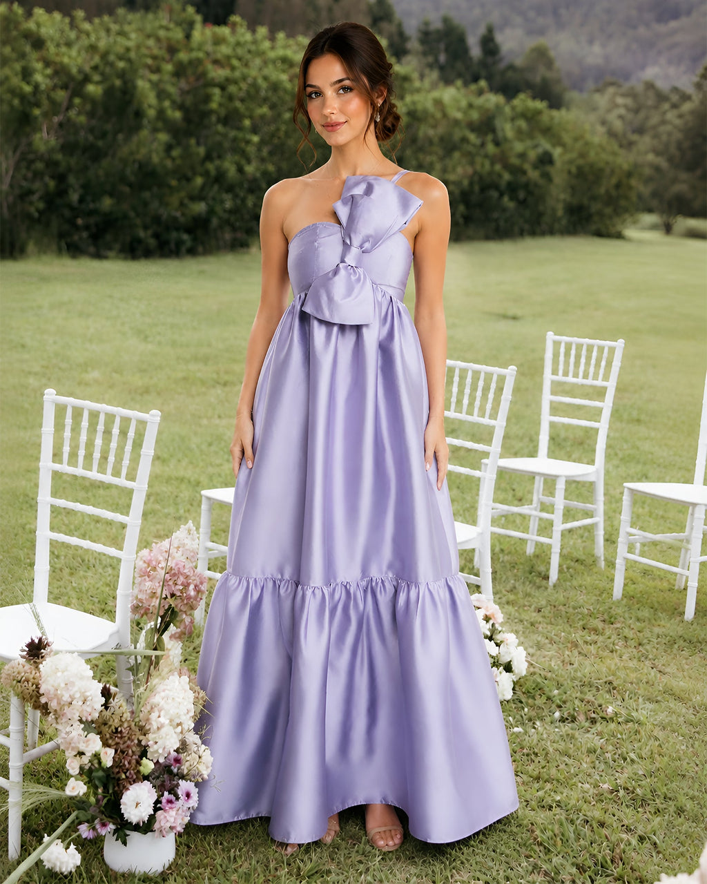 one-shoulder satin a-line bridesmaid dress with statement ruffle - front view