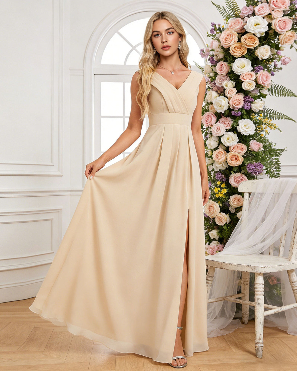 surplice V-neck chiffon bridesmaid dress with A-line slit dress - image 1