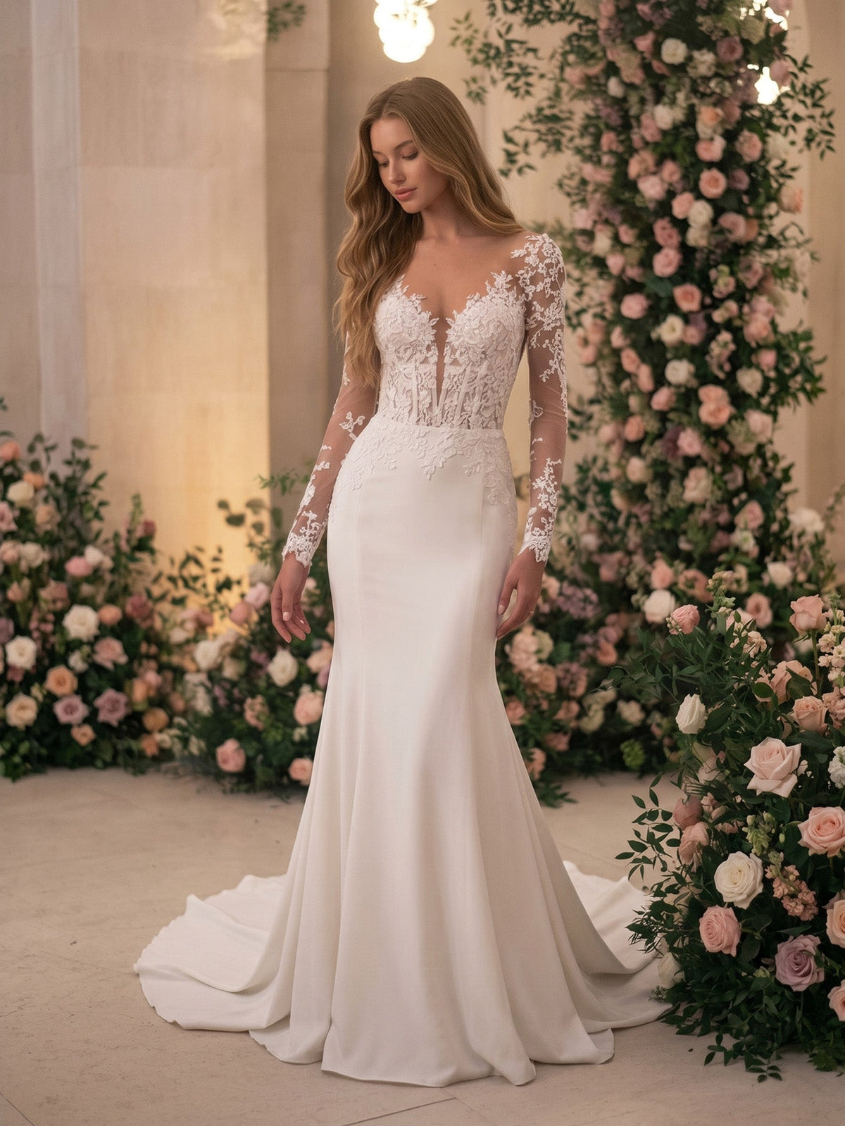 strapless lace mermaid wedding dress with corset bodice and train - image 1