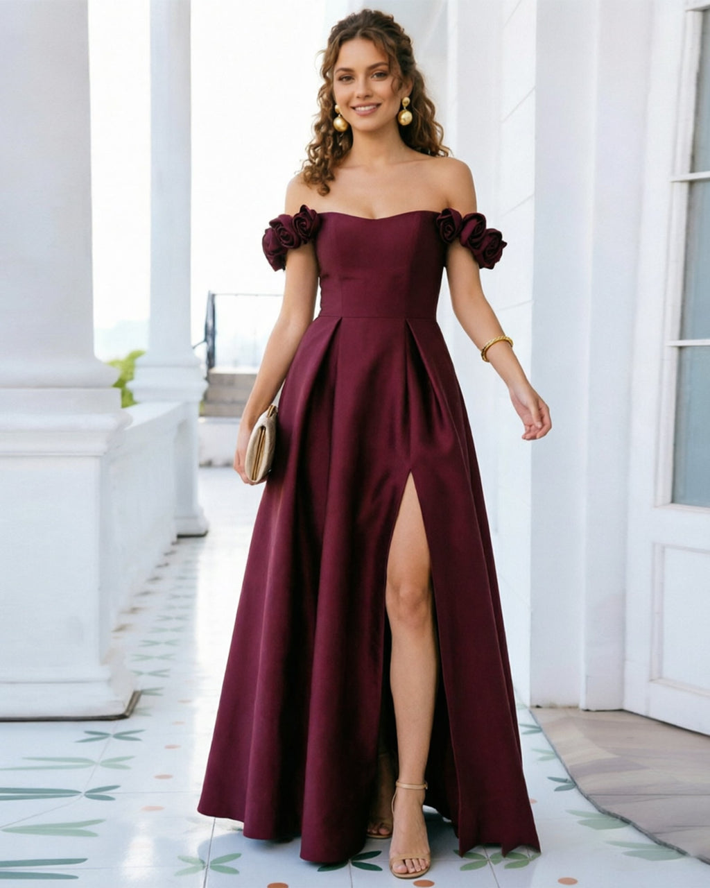 off shoulder floral sleeve satin formal dress with side slit - image 1