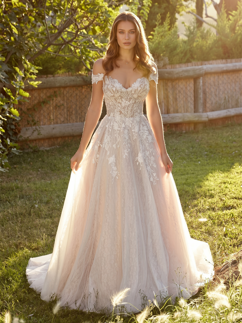 spaghetti strap lace tulle A-line wedding dress with floral applique - image 1