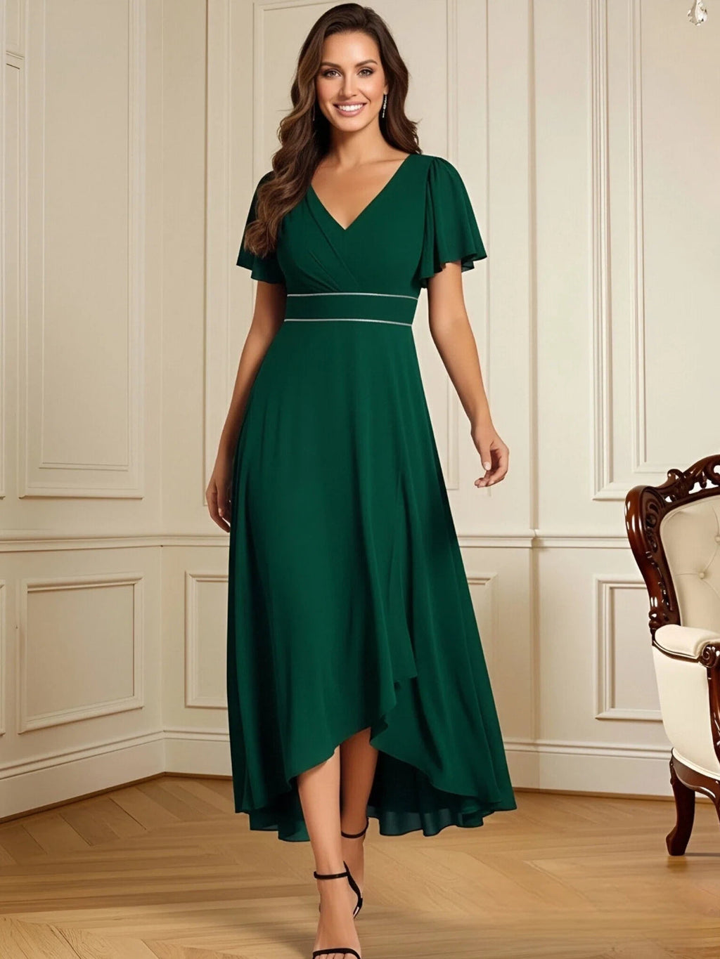 high low mother of the bride dress with V-neck, flutter sleeves, and flowing chiffon skirt