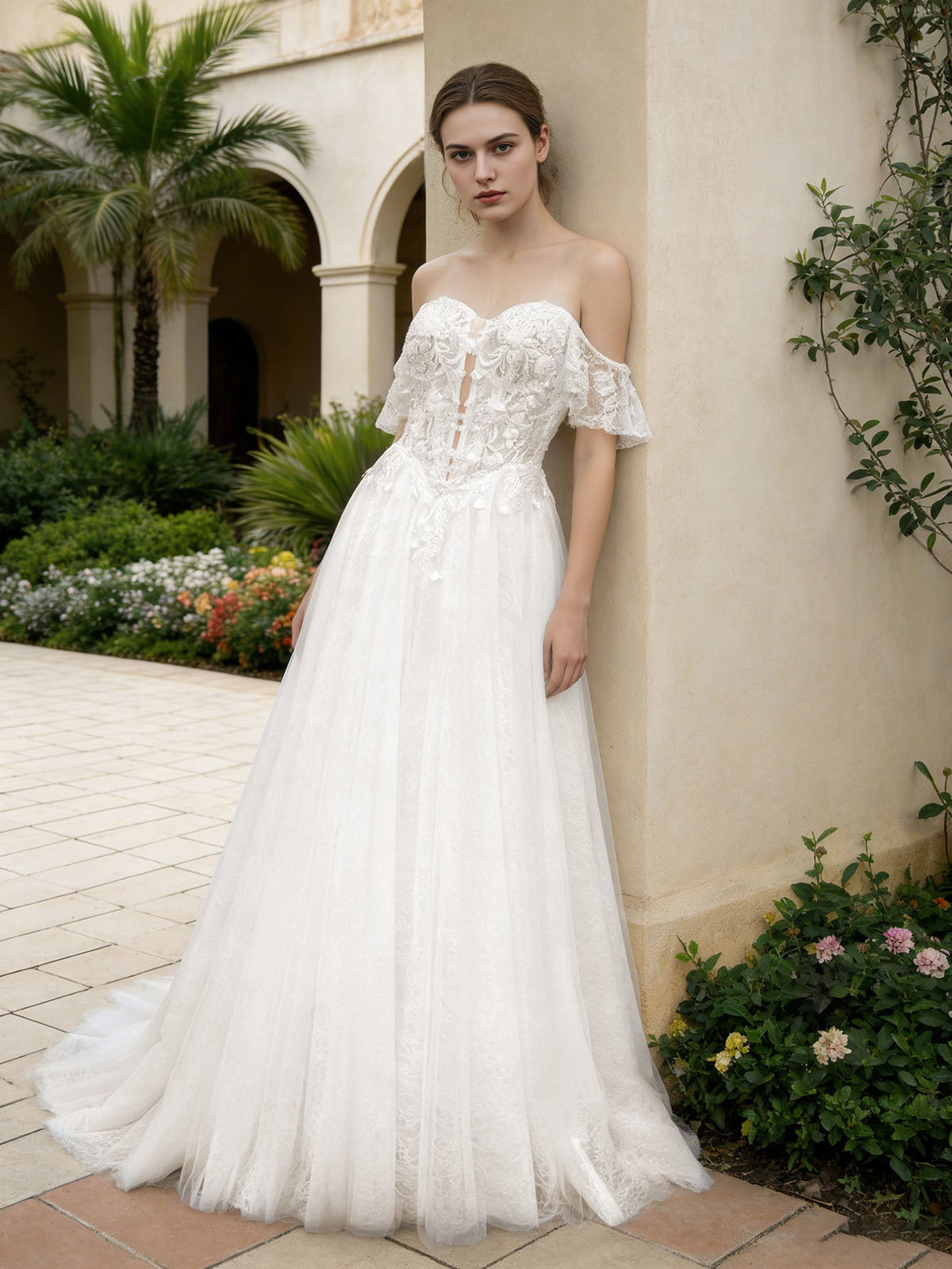 off shoulder lace tulle A-line wedding dress with flutter sleeve - image 2