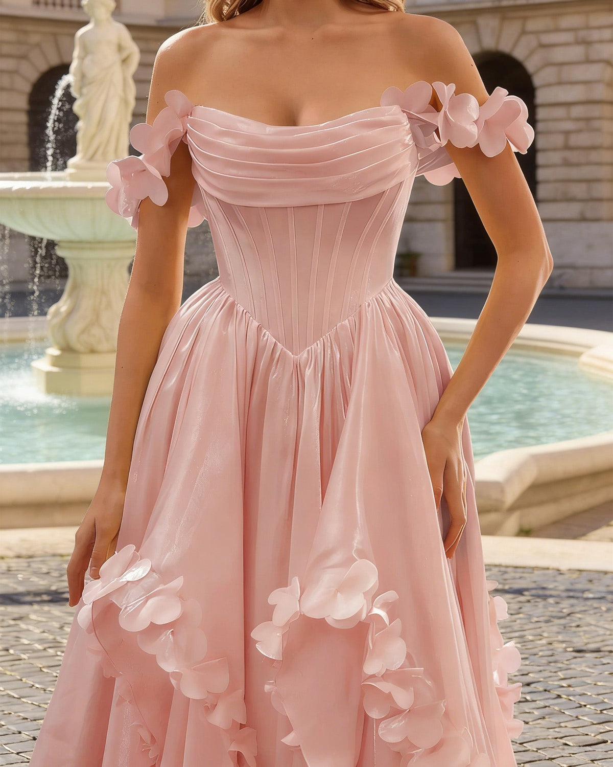 blush off shoulder ruffle tulle ball gown prom dress with floral applique - image 2