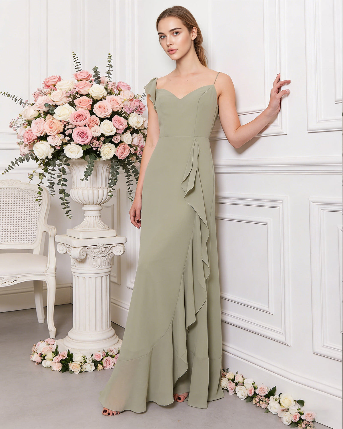 V-neck ruffle strap chiffon bridesmaid dress with cascading skirt - image 3