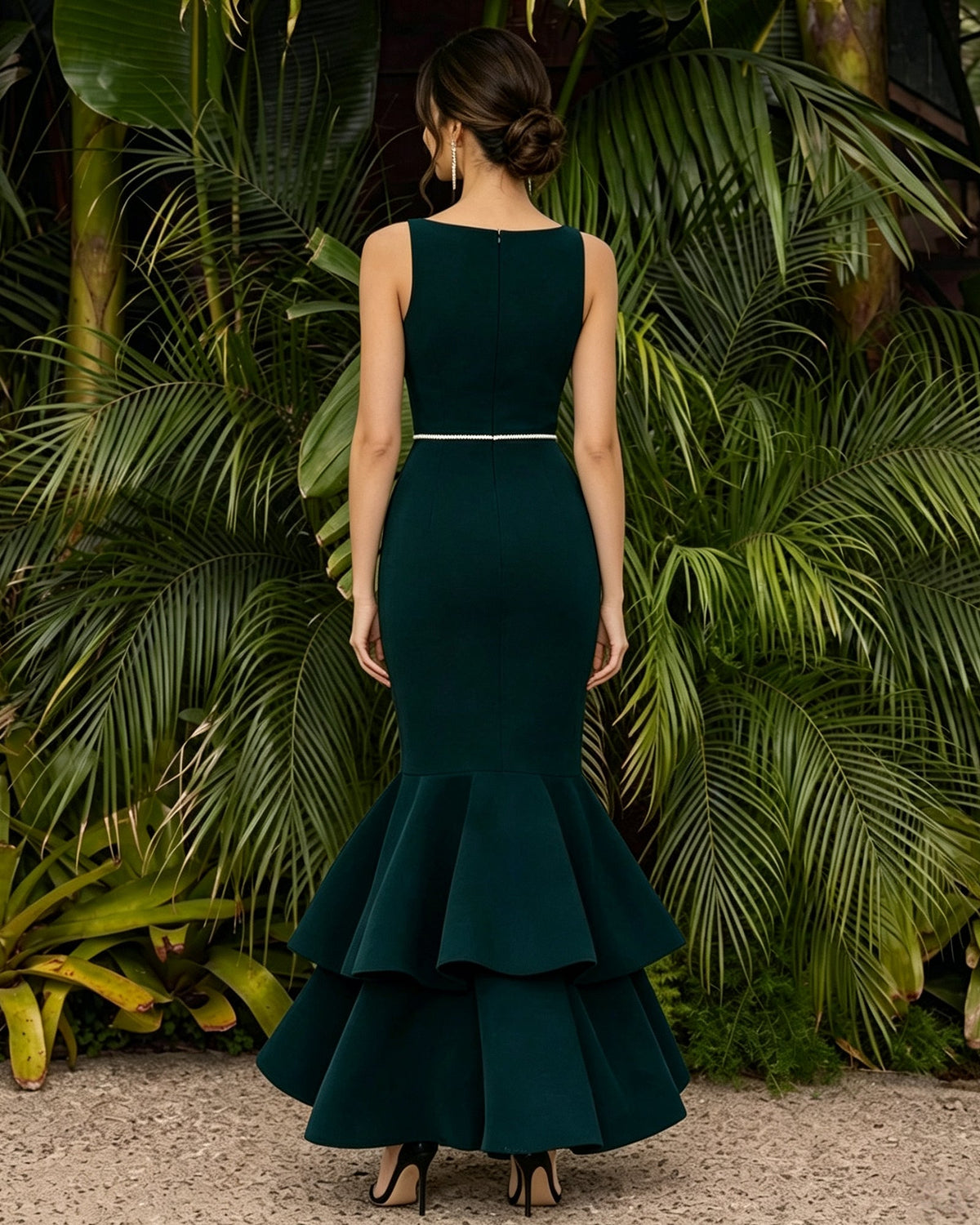 dark green sleeveless jewel neck mermaid formal dress with tiered ruffle hem - back view - image 2