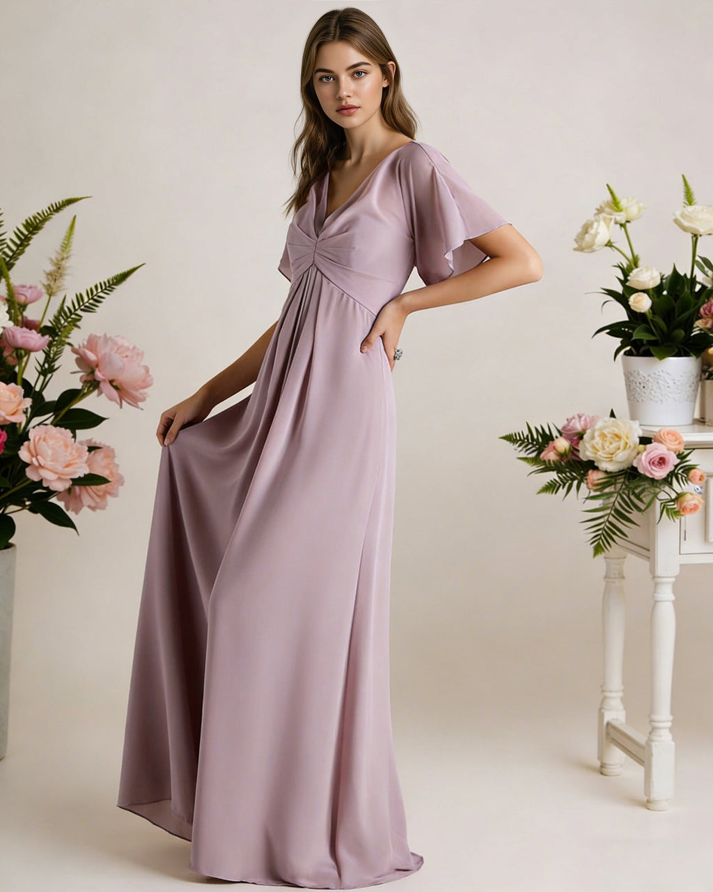 short sleeve V-neck chiffon bridesmaid dress with gathered waist - image 2