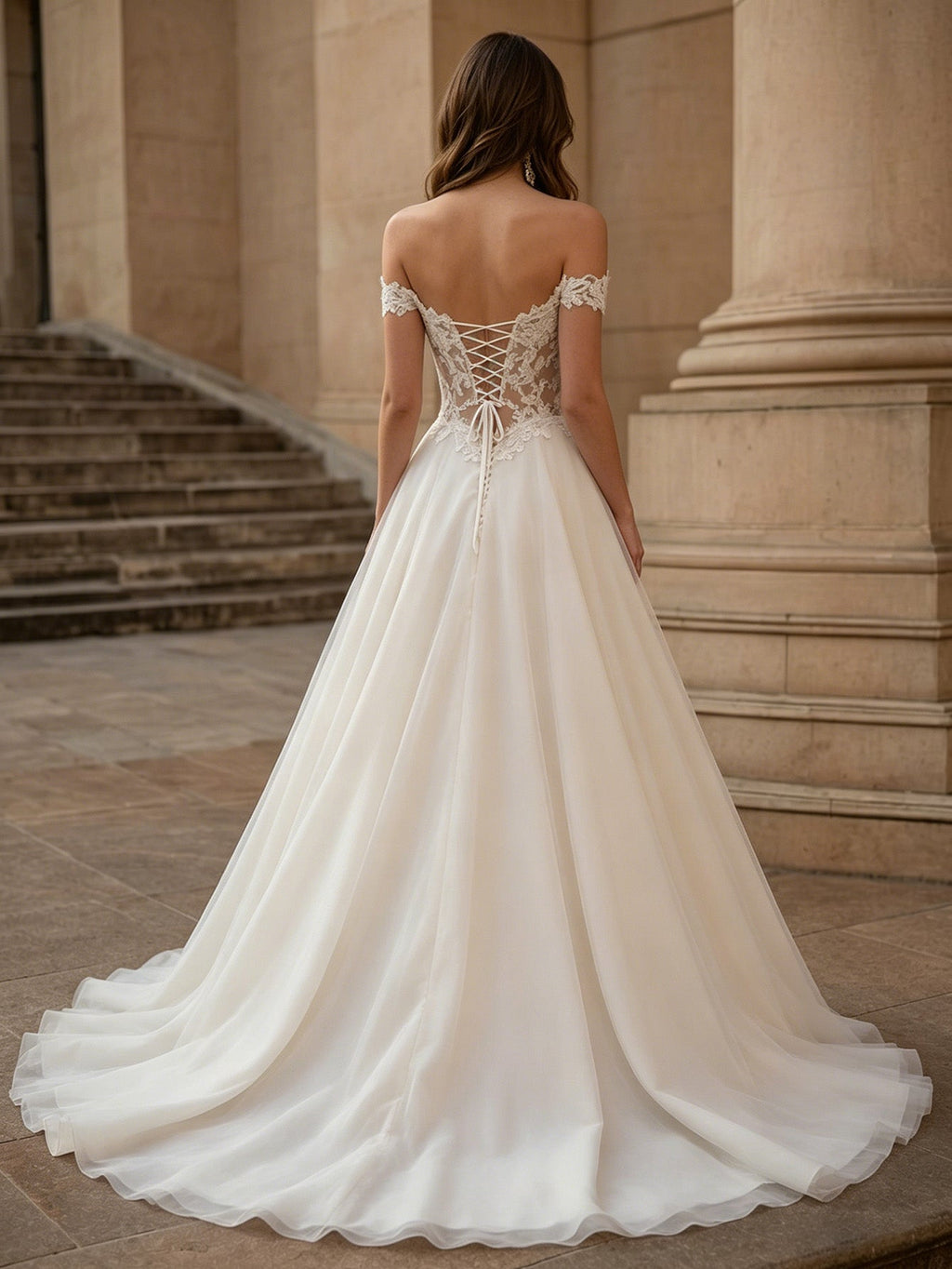 off shoulder lace A-line wedding dress with illusion bodice and train - image 2
