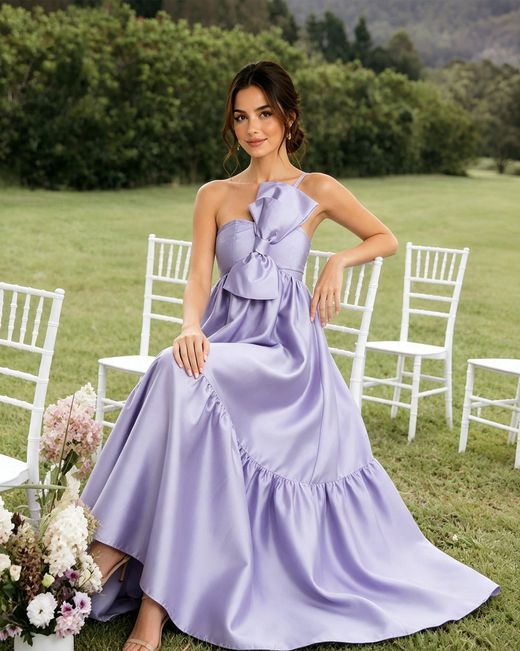one-shoulder satin a-line bridesmaid dress with statement ruffle - seated ruffle detail view
