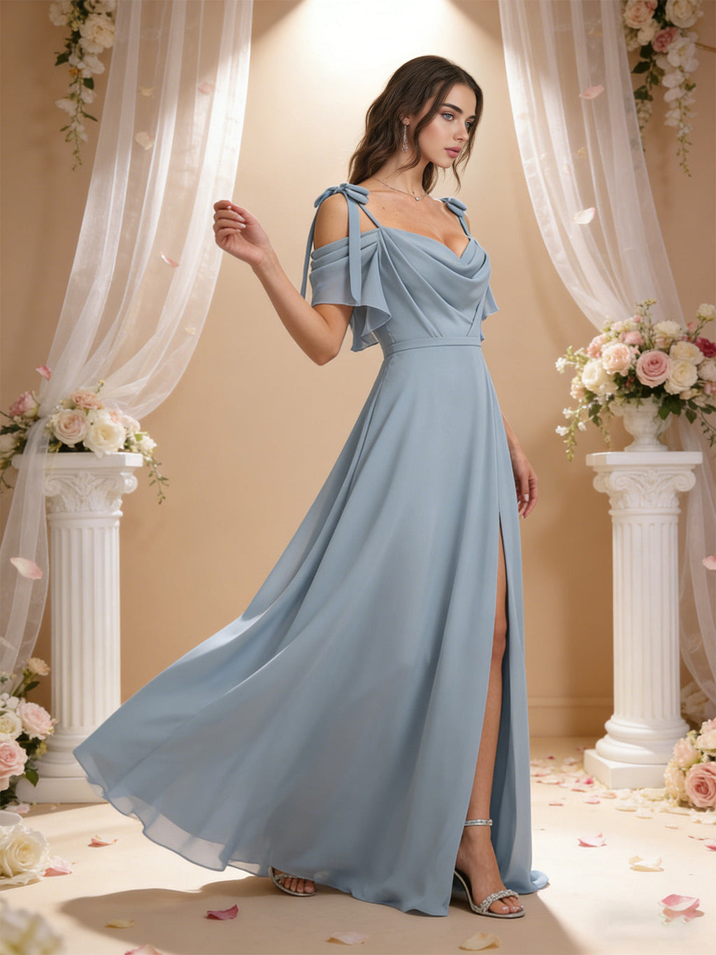 cowl neck cold shoulder bridesmaid dress with high slit chiffon skirt - image 3