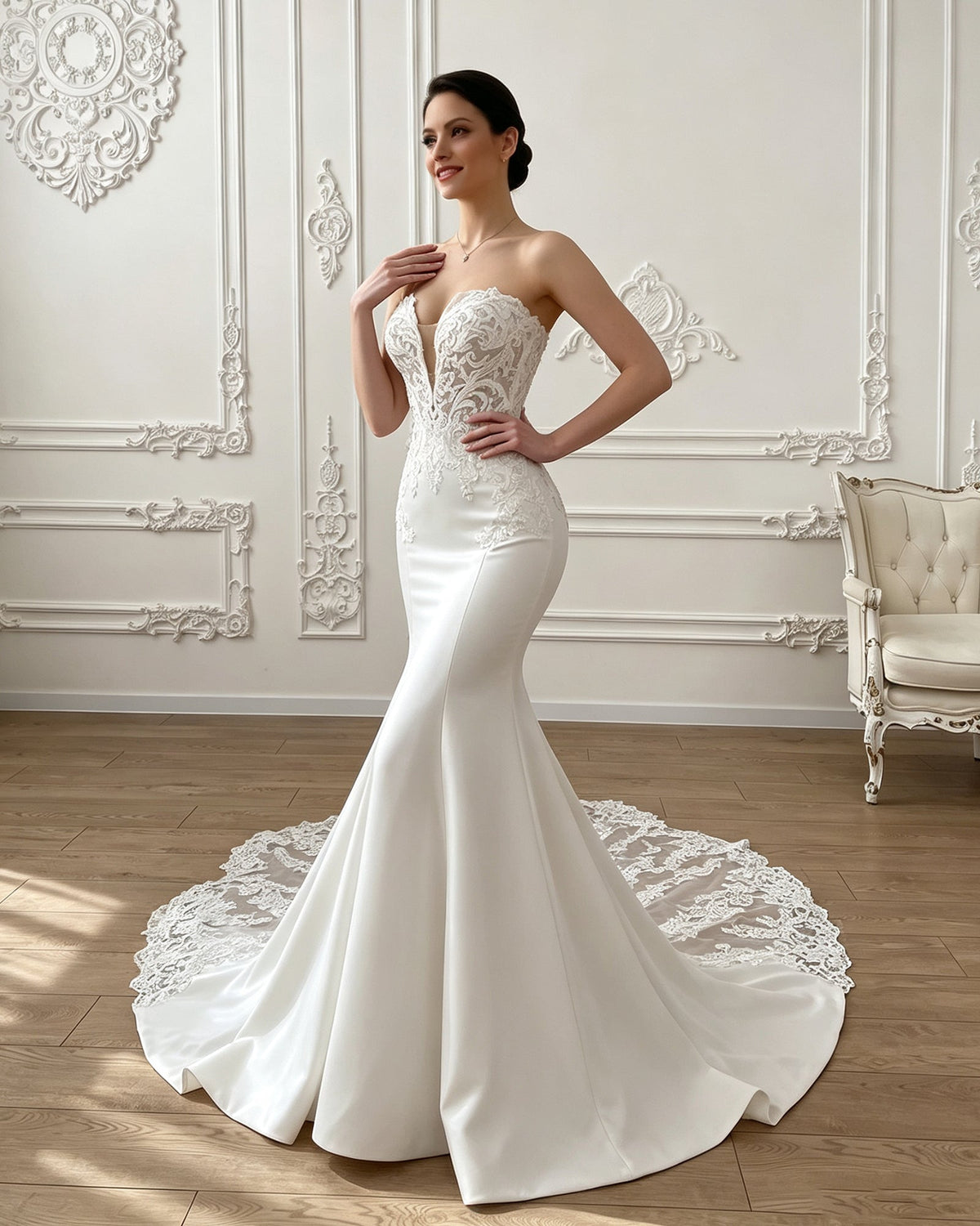 strapless lace mermaid wedding dress with corset bodice and chapel train - image 3