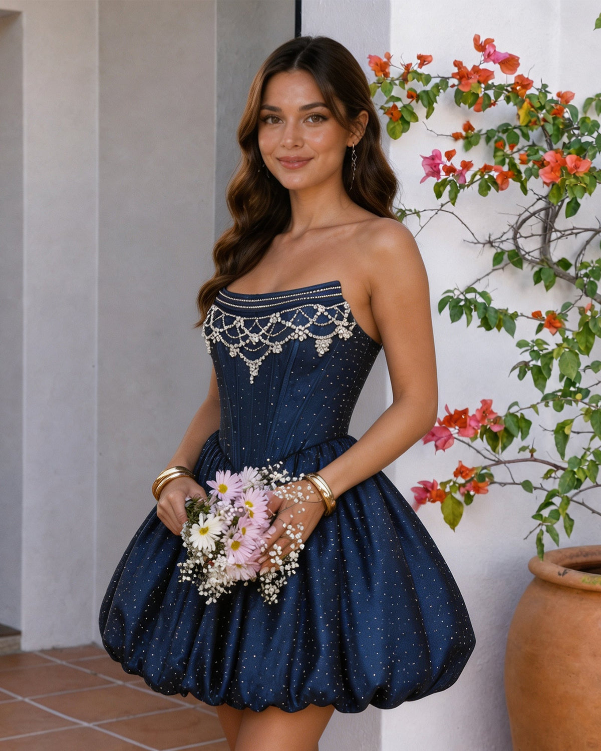 navy strapless beaded corset bubble hem homecoming dress - side view