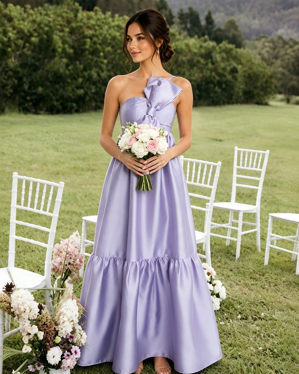 one-shoulder satin a-line bridesmaid dress with statement ruffle - bridal party styling view