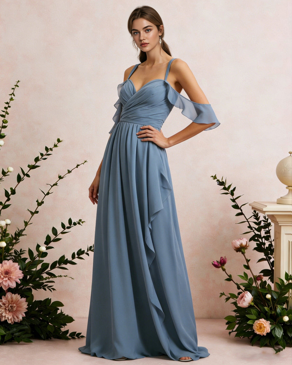 cold shoulder chiffon bridesmaid dress with draped V-neck bodice - image 3