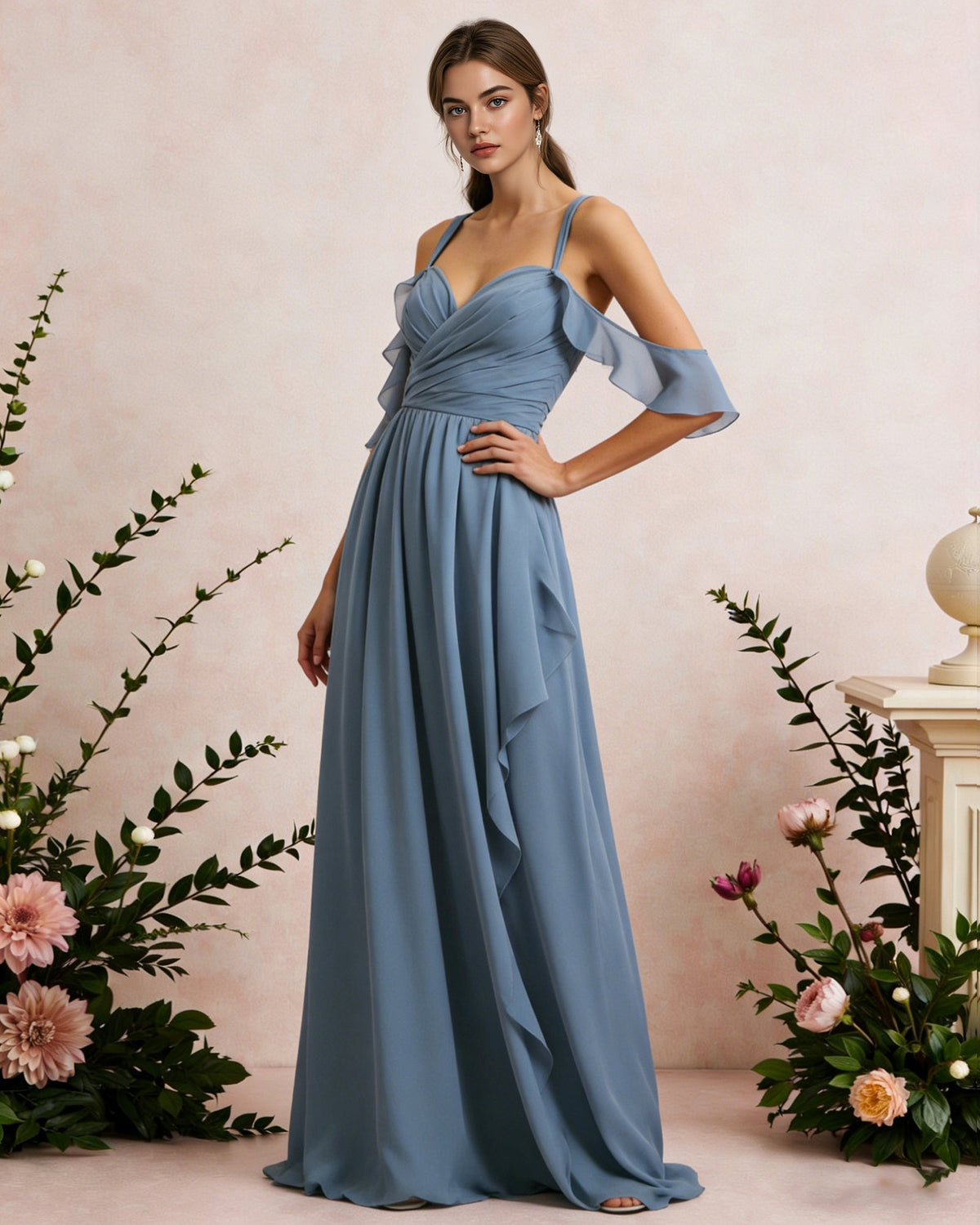 cold shoulder chiffon bridesmaid dress with draped V-neck bodice - image 3