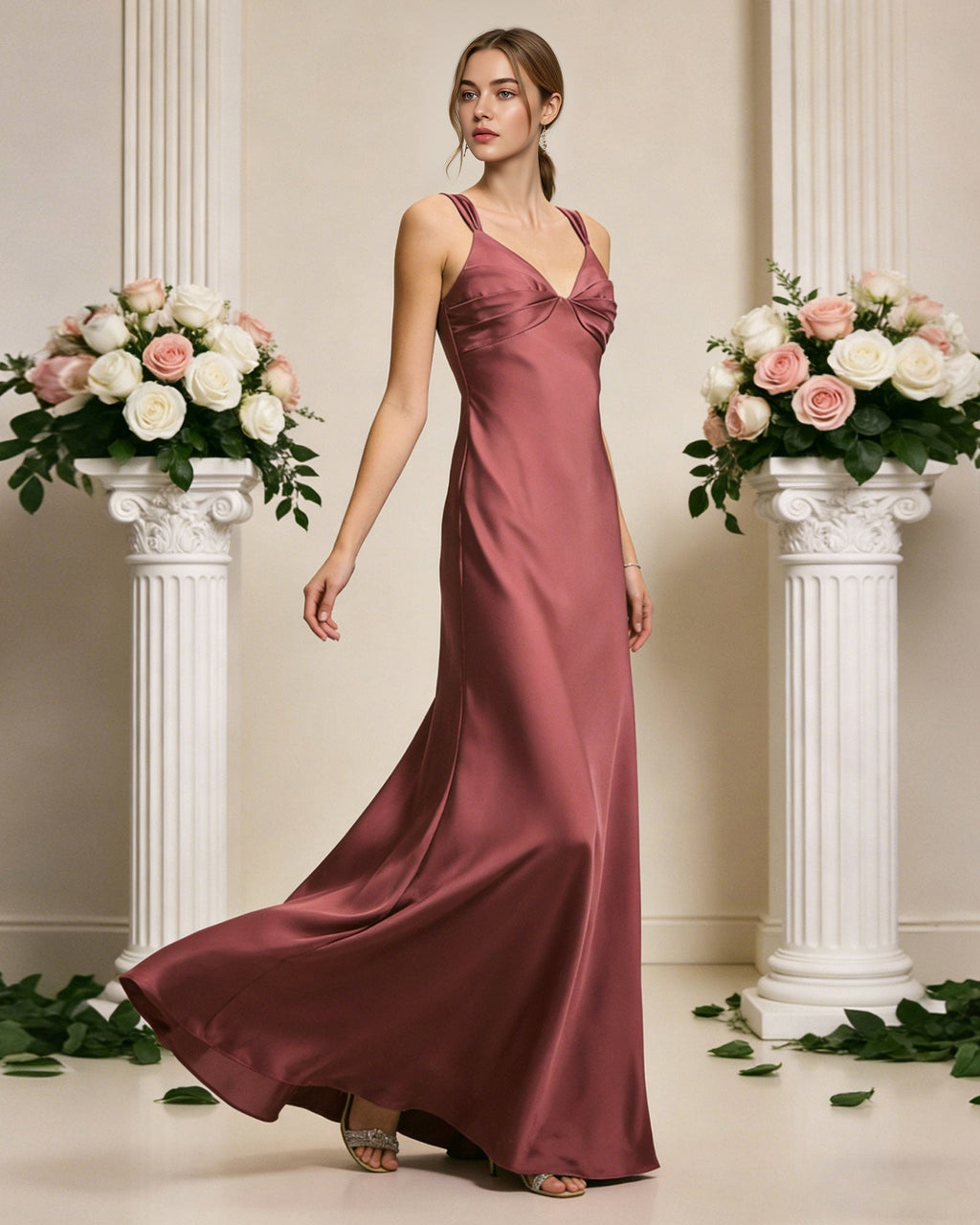 satin cowl neck bridesmaid dress with spaghetti straps and bias cut - image 4