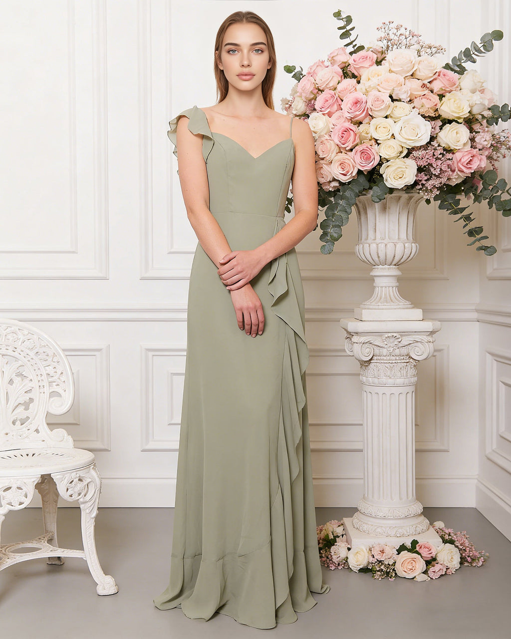 V-neck ruffle strap chiffon bridesmaid dress with cascading skirt - image 4