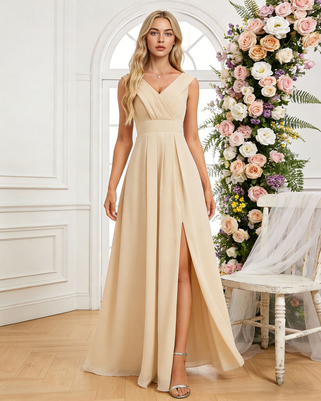 surplice V-neck chiffon bridesmaid dress with A-line slit dress - image 3