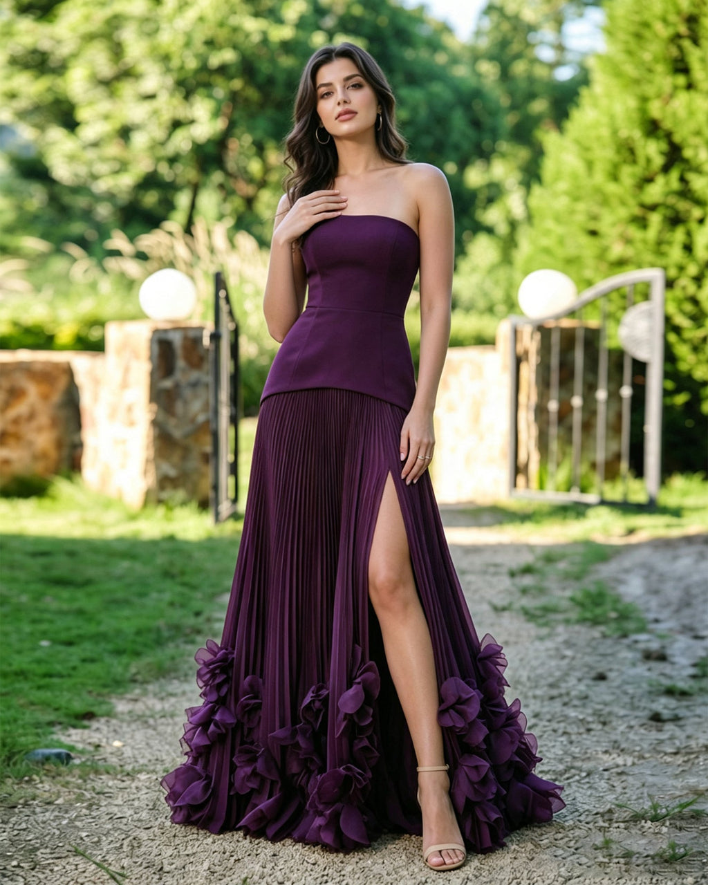 strapless floral hem formal dress with pleated slit dress - image 4
