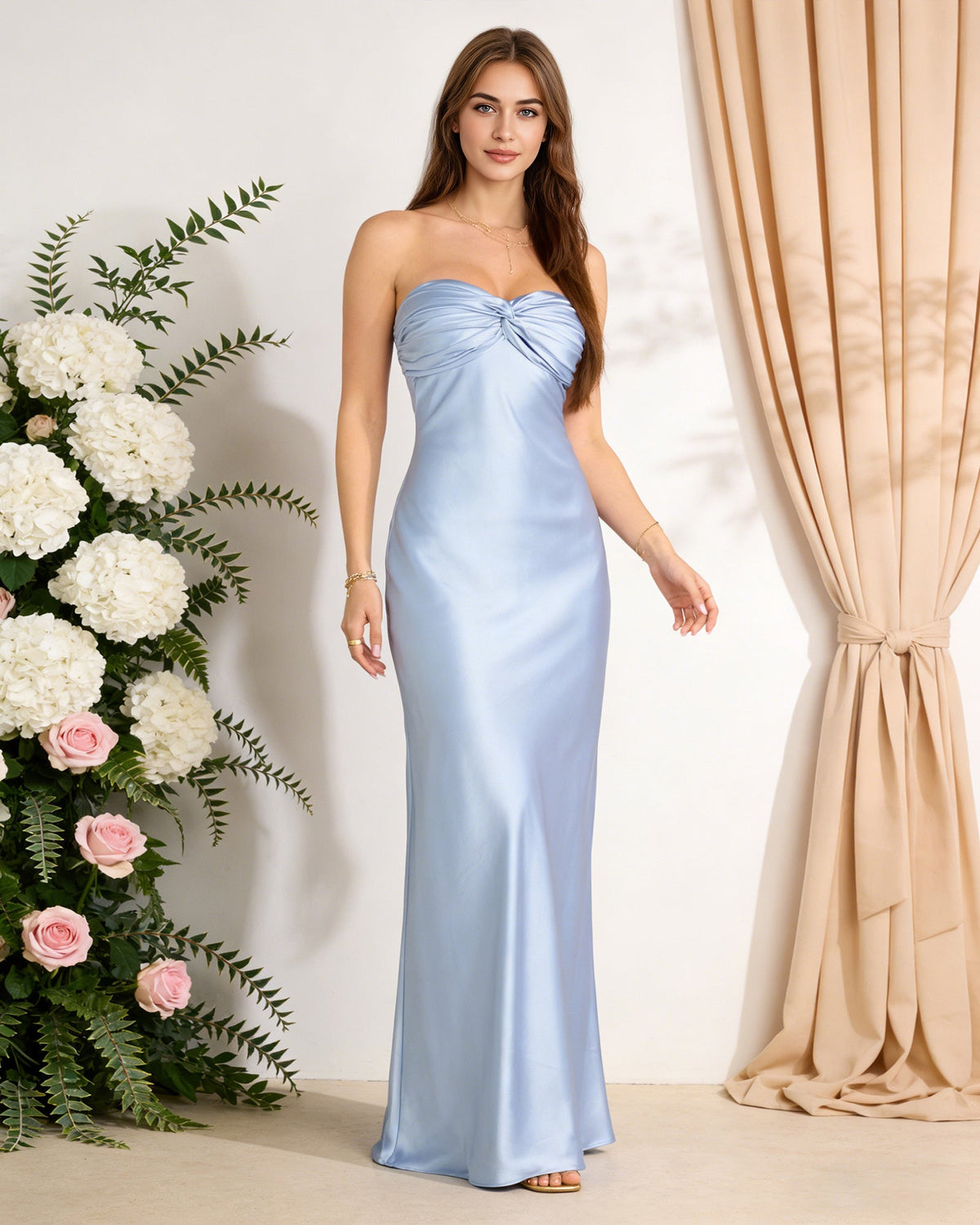 strapless satin bridesmaid dress with twisted sweetheart bodice - image 4