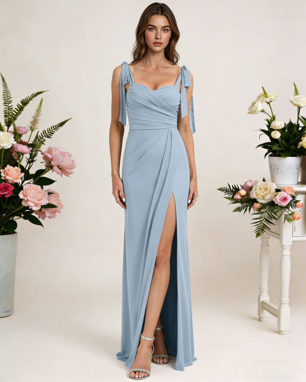 tie strap chiffon bridesmaid dress with square neck and high slit - image 4