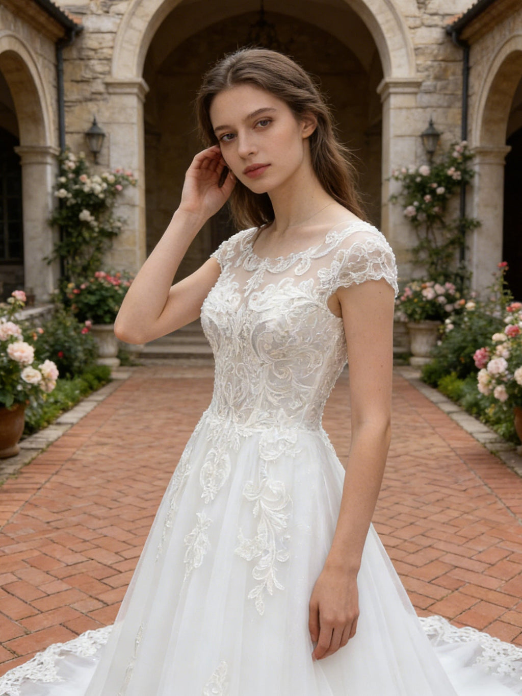 off shoulder lace A-line wedding dress with floral applique train - image 4