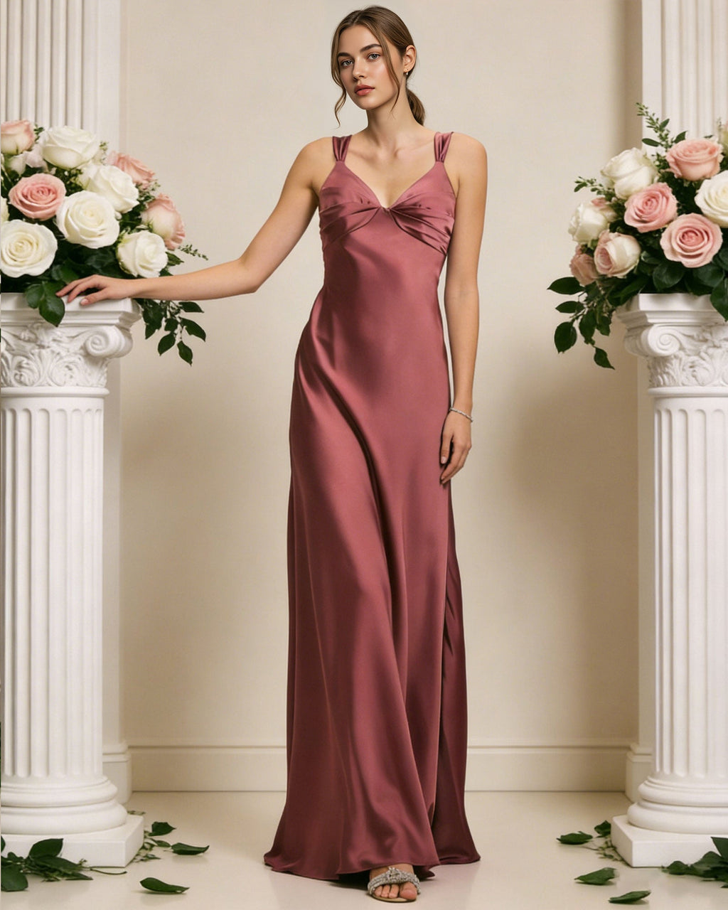 satin cowl neck bridesmaid dress with spaghetti straps and bias cut - image 5