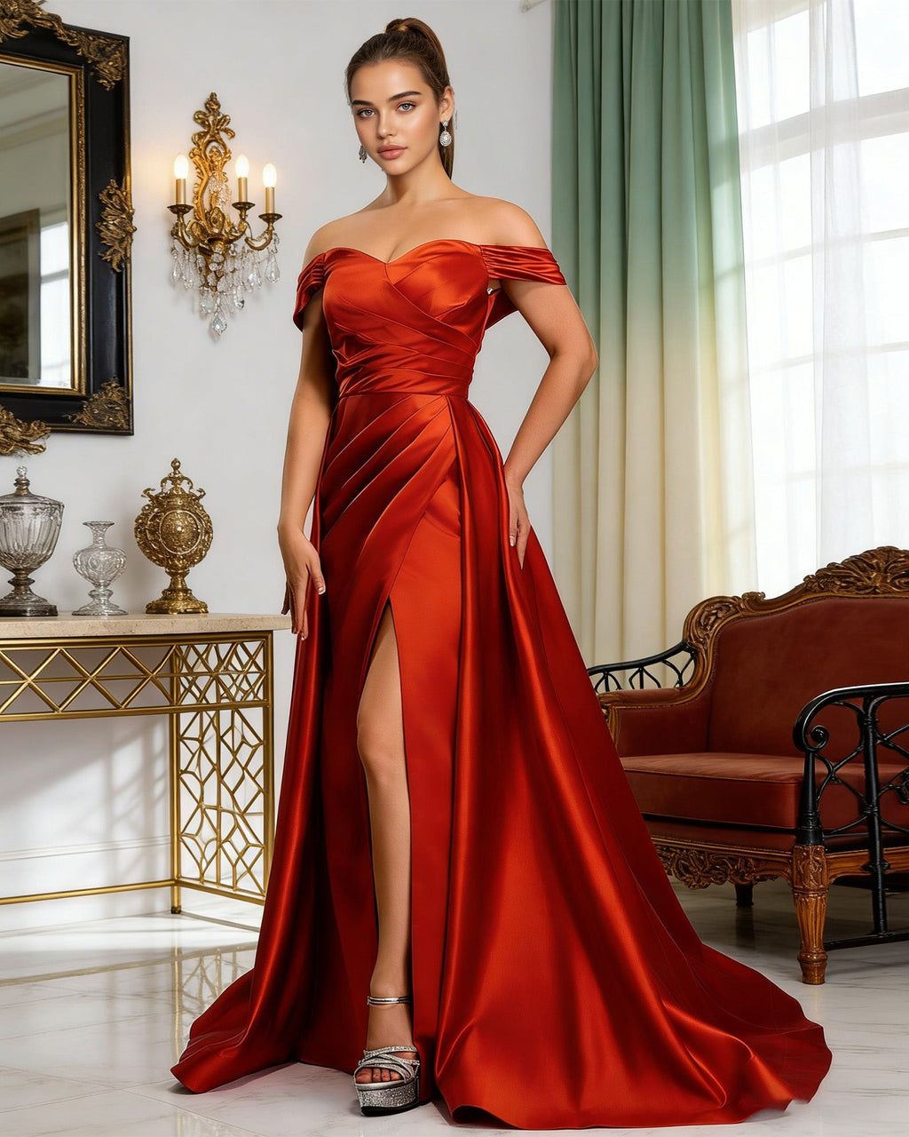red off shoulder satin ball gown prom dress with draped bodice and slit - image 4