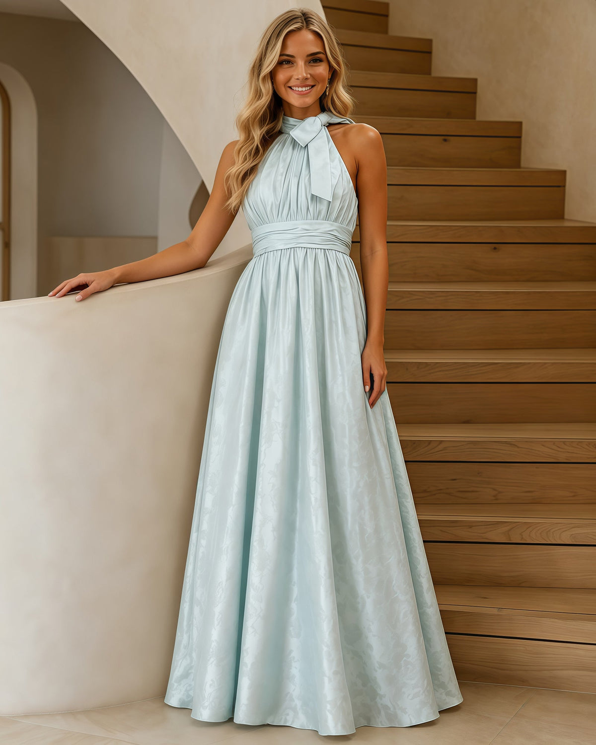 pleated halter-neck satin a-line formal dress - movement view