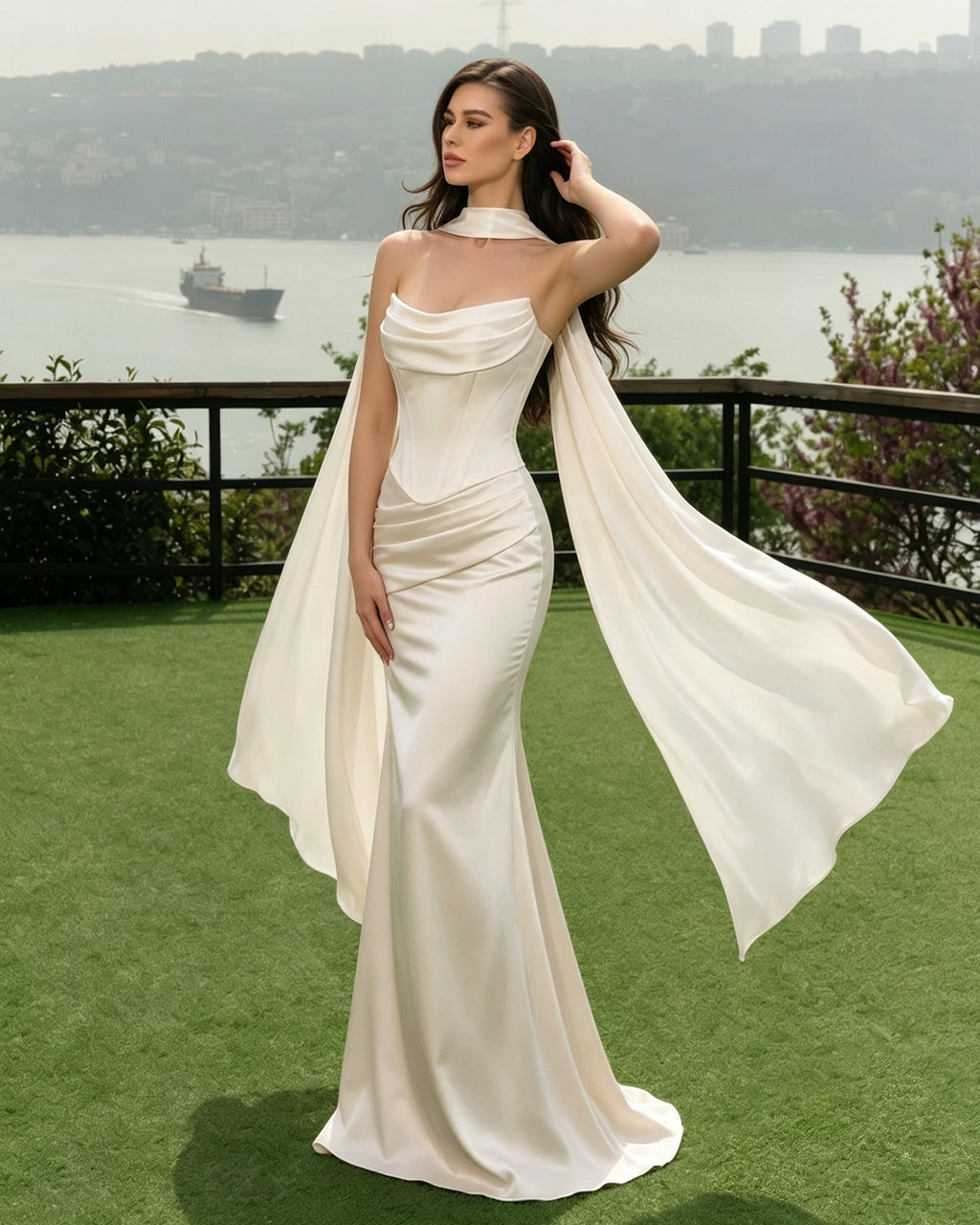 ivory satin corset mermaid bridesmaid dress with cowl neck and dramatic scarf - image 4