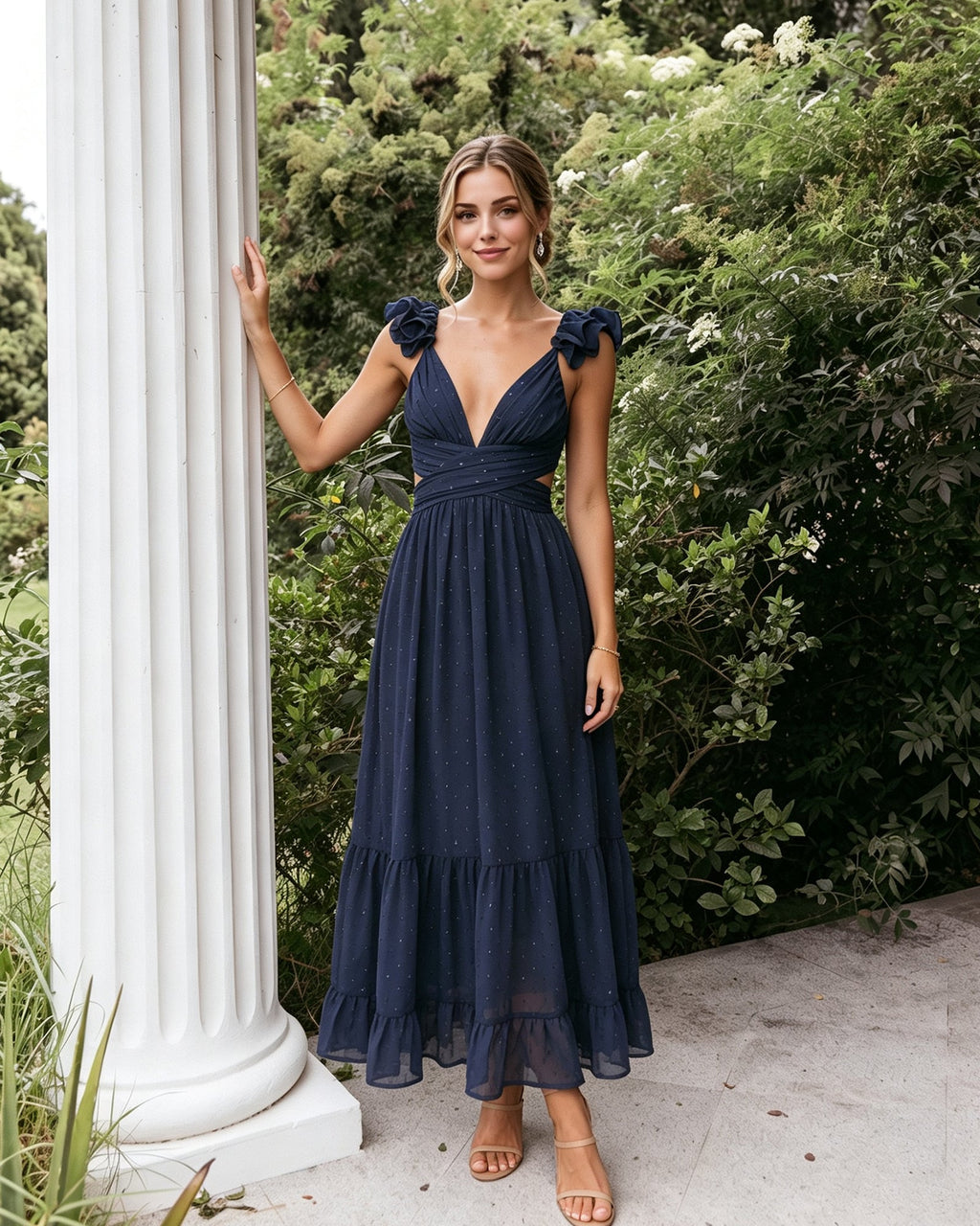 dark blue deep V-neck Swiss dot chiffon bridesmaid dress with ruffle straps - image 5