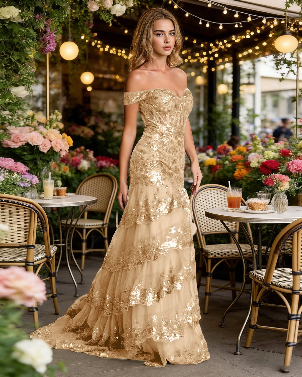 gold off shoulder sequin fringe prom dress with corset top and slit - image 5