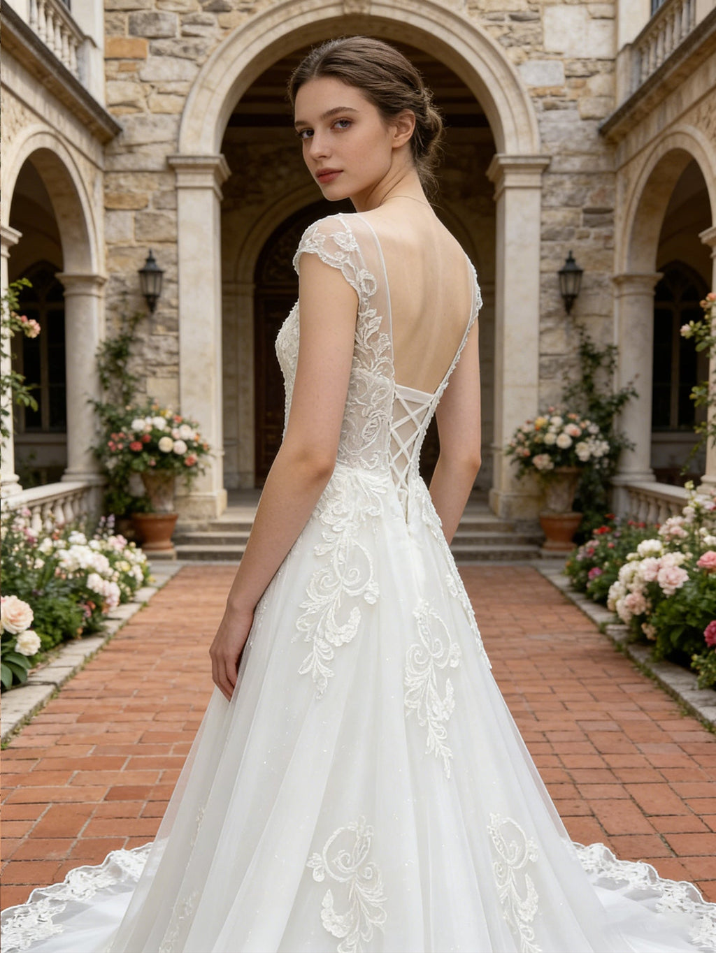 off shoulder lace A-line wedding dress with floral applique train - image 5
