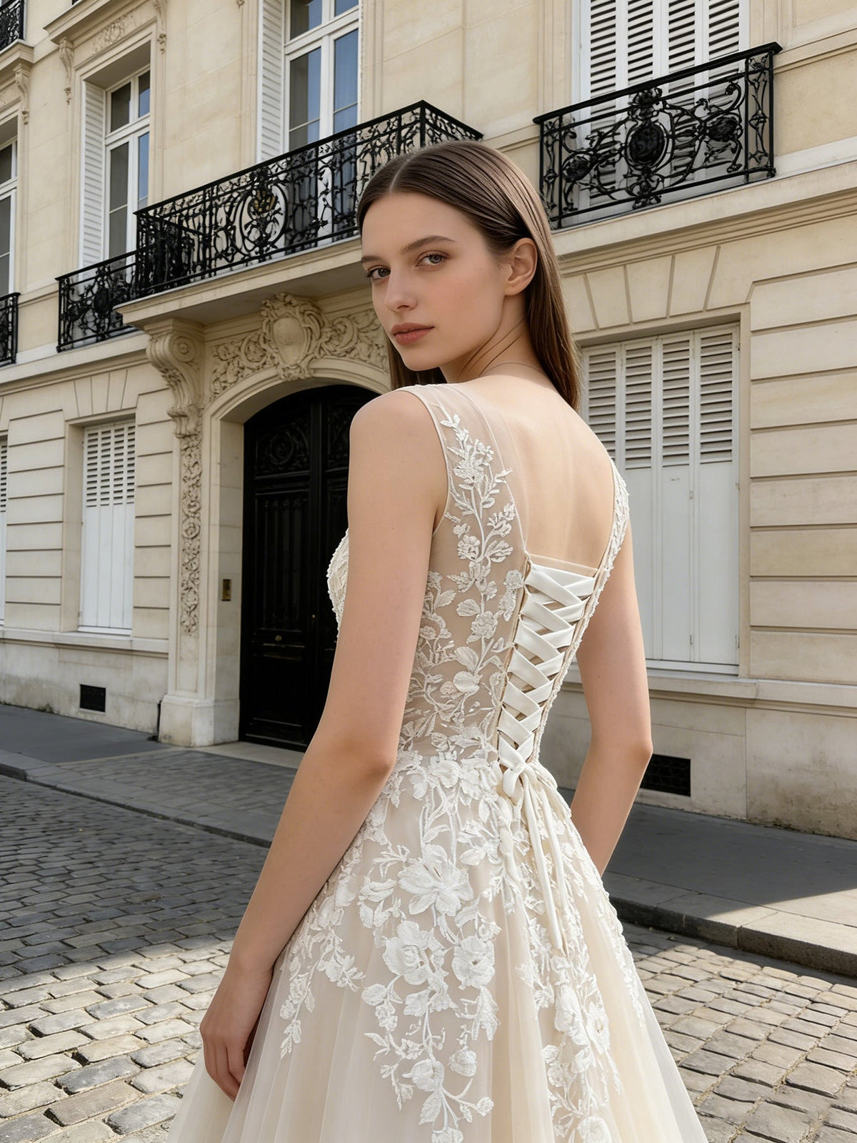 long sleeve lace A-line wedding dress with illusion neckline - image 5