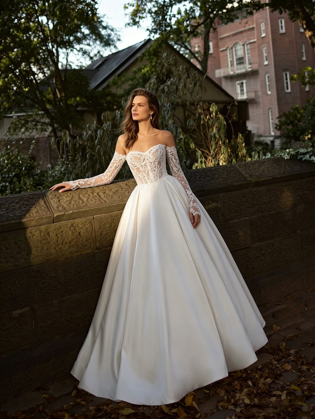off shoulder lace ball gown wedding dress with long sleeve bodice - image 5